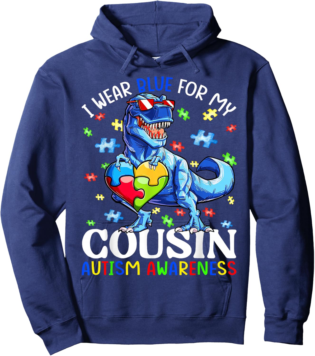 I Wear Blue For My Cousin Autism Awareness Dinosaur Boys Hoodie - Hoodie | Navy