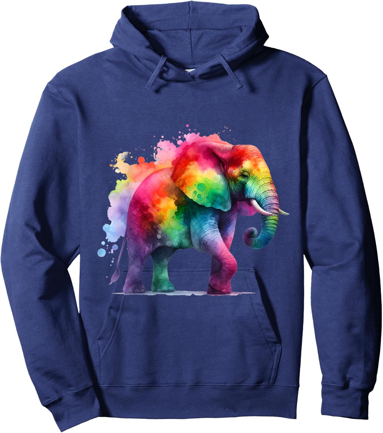 Elephant Art - Rainbow Watercolor Animal with Paint Splashes Hoodie - Hoodie | Navy