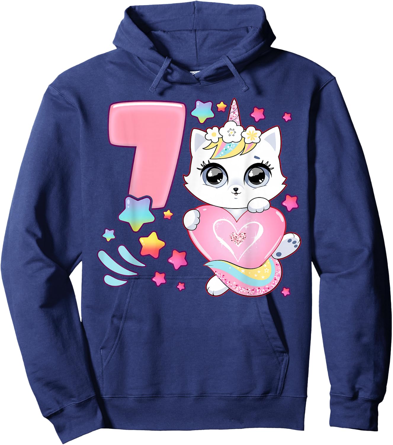 Geburtstag Mädchen 7 Jahre, Katze, Einhorn, 7. Geburtstag Hoodie - Hoodie | Navy