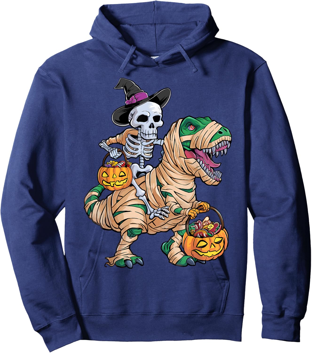 Skeleton Riding Mummy Dinosaur T rex Halloween Funny Kid Boy Hoodie - Hoodie | Navy