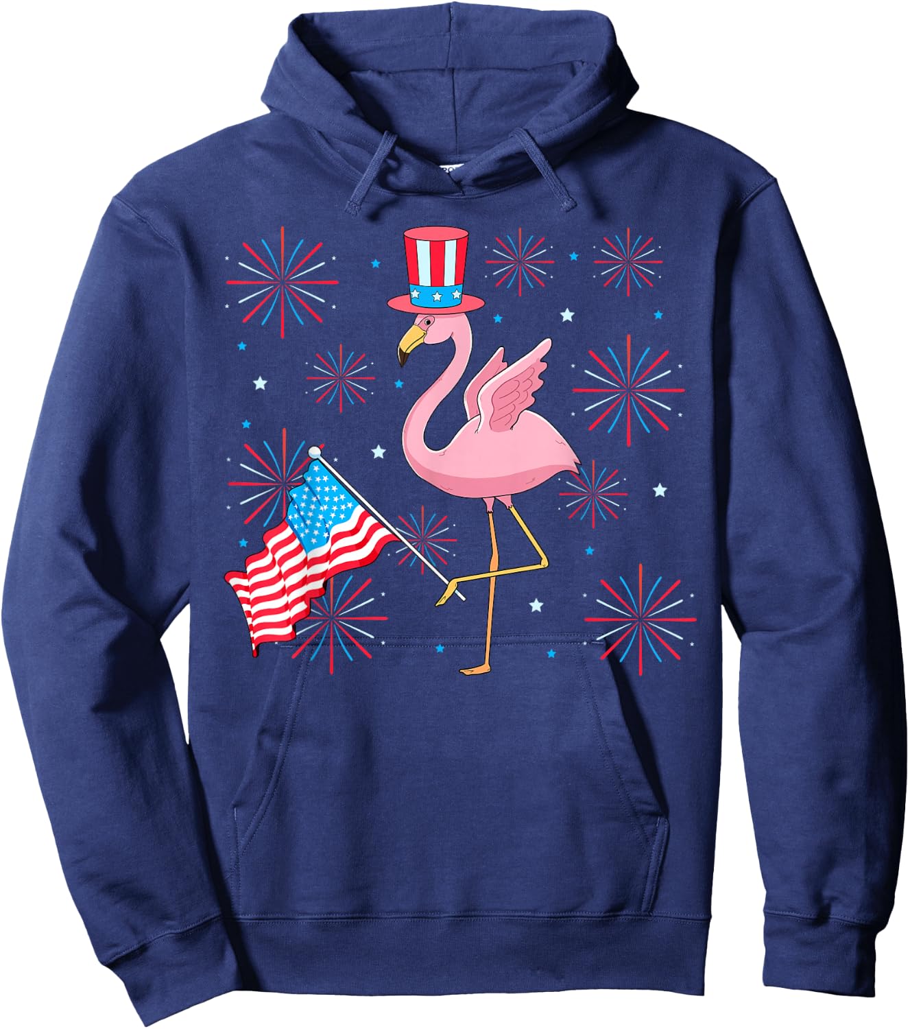 Cute Pink Flamingo 4th of July Patriotic American USA Flag Hoodie - Hoodie | Navy