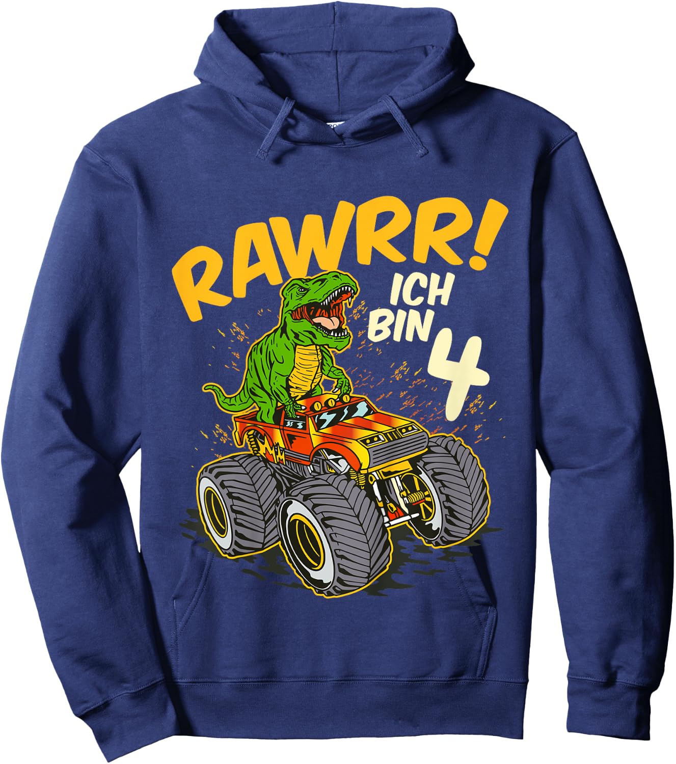 Kids 4 Years Old 4th Birthday Boy Monster Truck Car T-Rex , black Hoodie - Hoodie | Navy