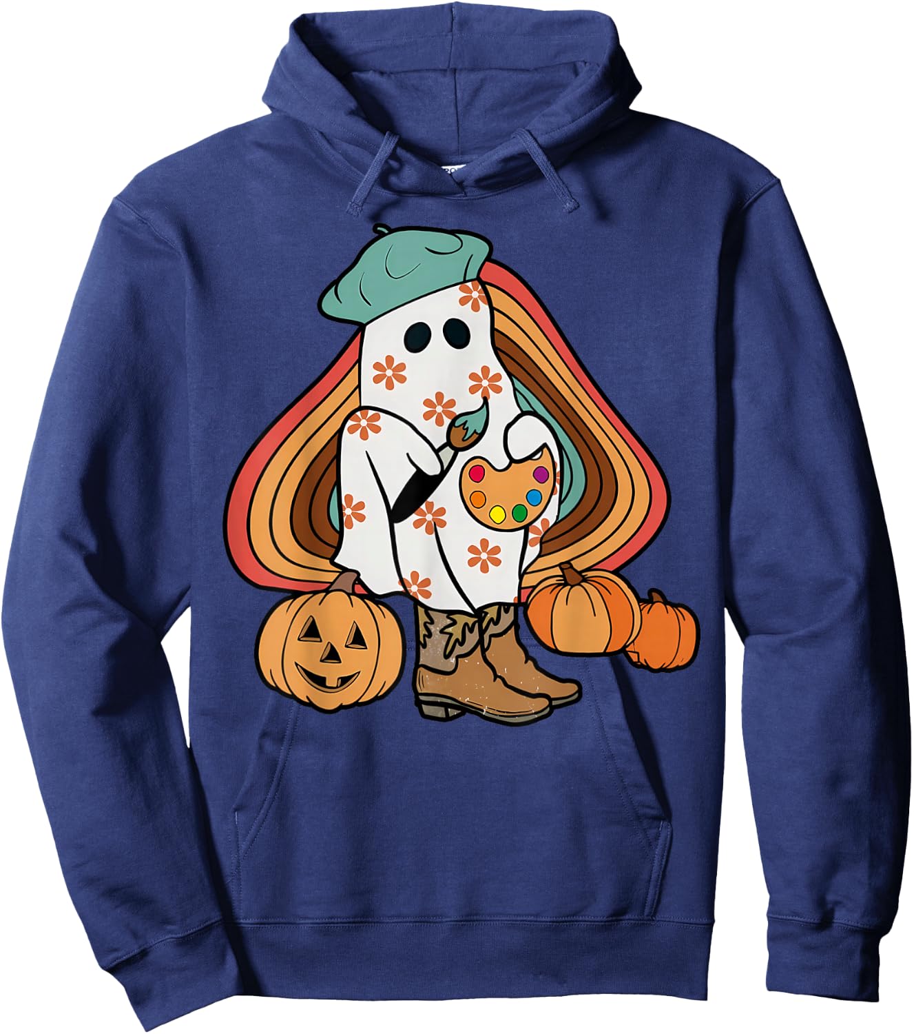 Art Teacher Painting Brushes Retro Pumpkin Ghost Artist Hoodie - Hoodie | Navy