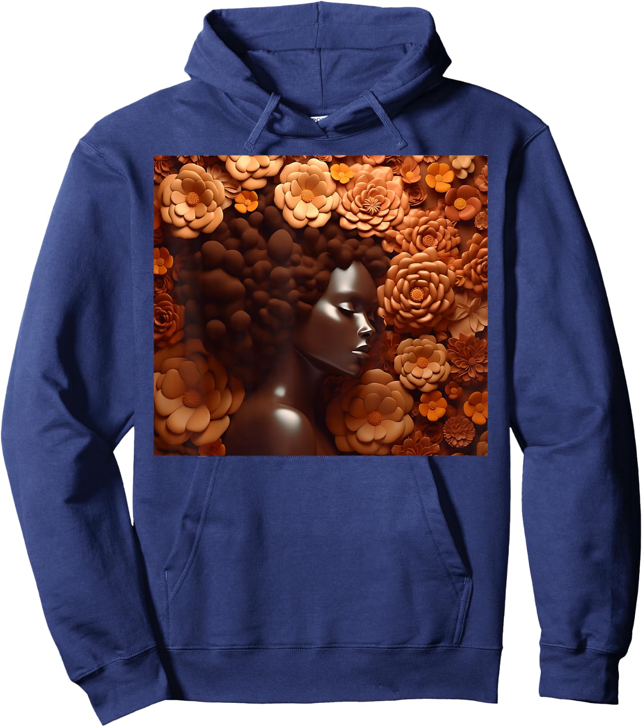 Afro Woman Floral Black Queen Puff Art Melanin Magic Orange Hoodie - Hoodie | Navy