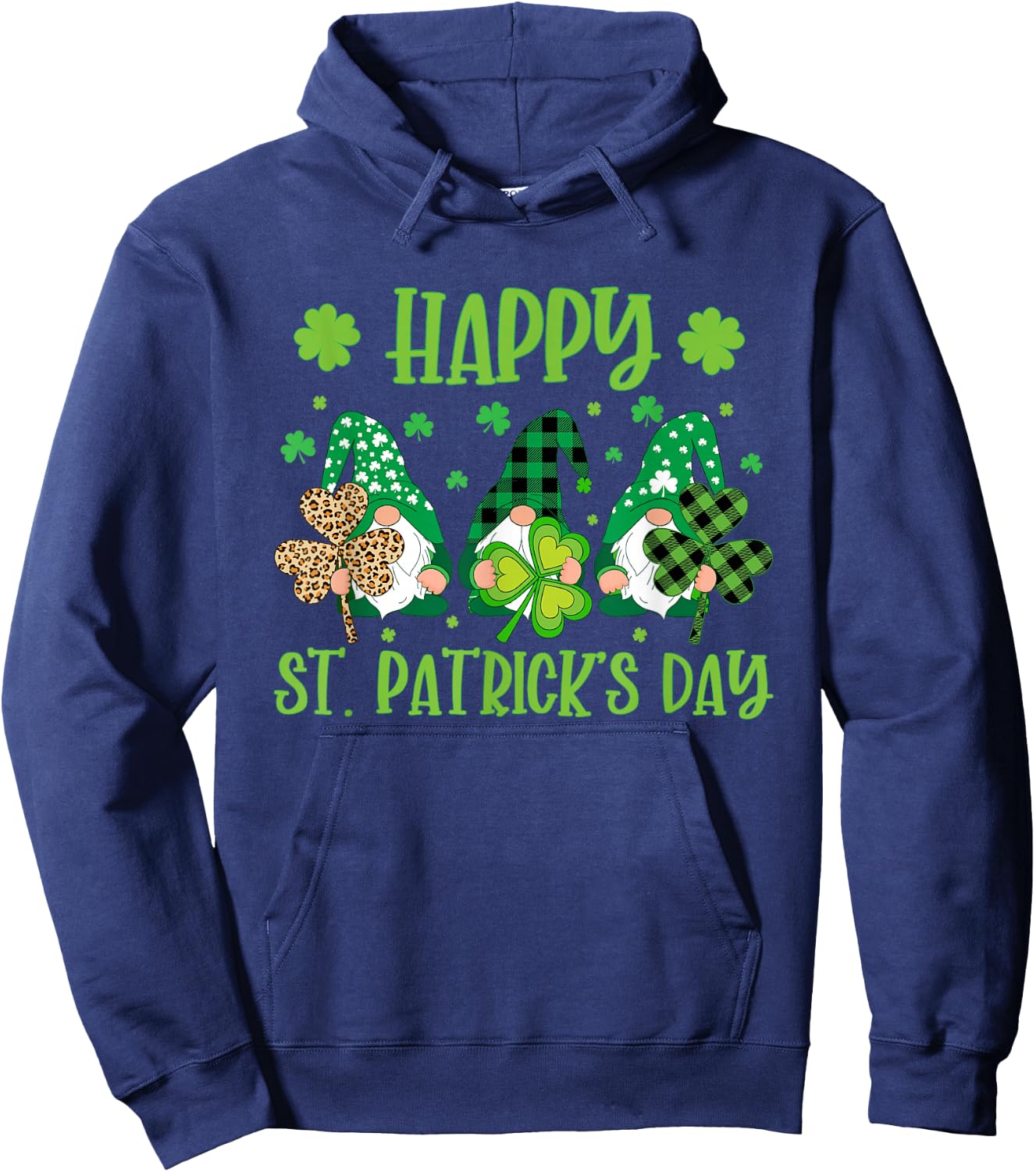 Gnomes Holding Shamrock Green Plaid Leopard St Patrick's Day Hoodie - Hoodie | Navy