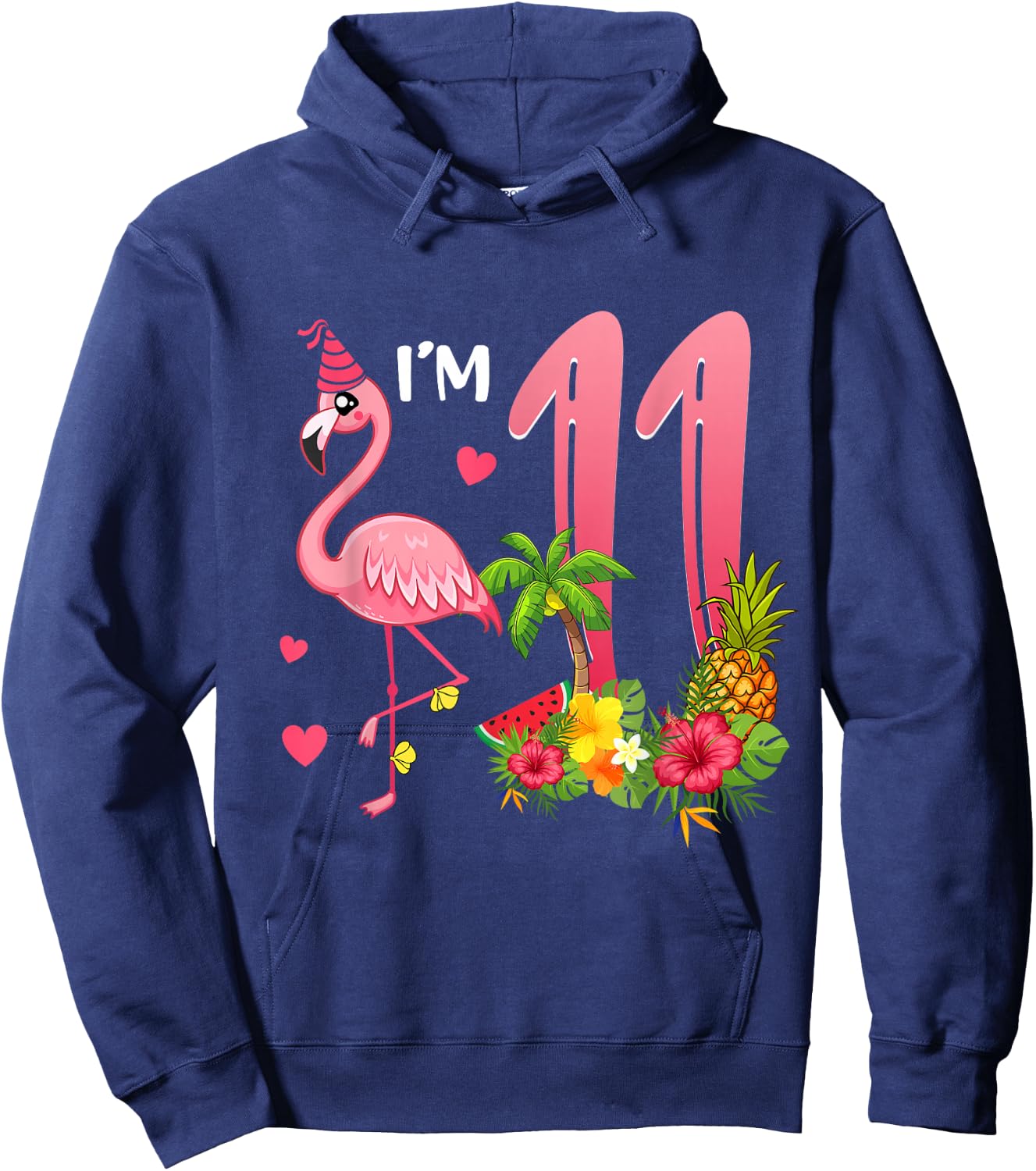 I'm 11 Year Old Flamingo Tropical Theme 11th Birthday Girl Hoodie - Hoodie | Navy