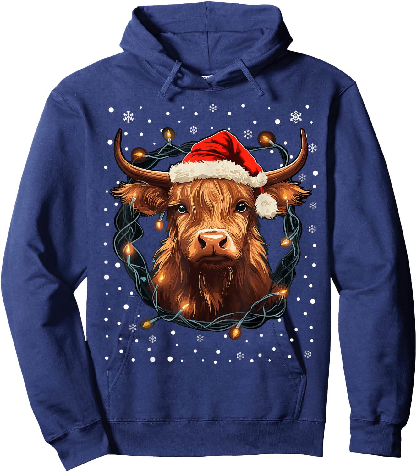Cute Highland Cow Christmas Lights Santa Hat Xmas Pajama Hoodie - Hoodie | Navy