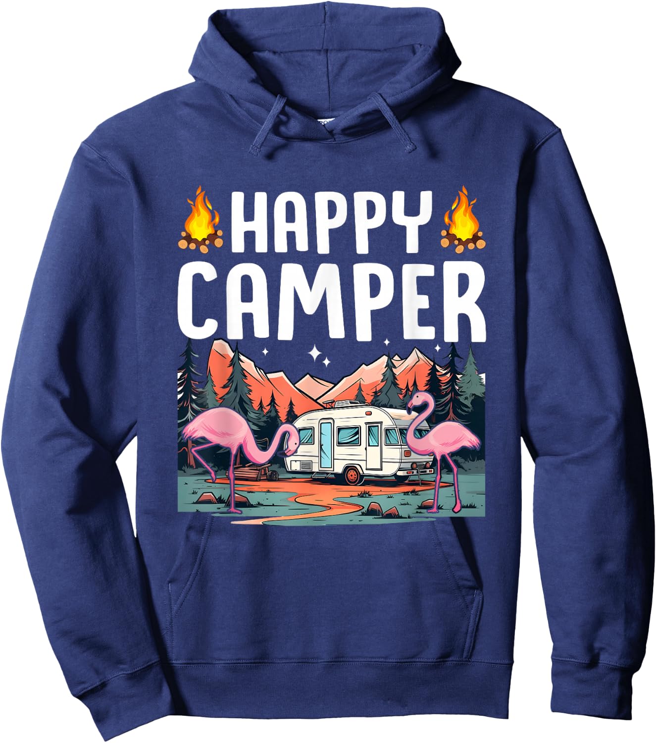 Happy Camping Flamingo Tropical Summer Vacation Camper Hoodie - Hoodie | Navy
