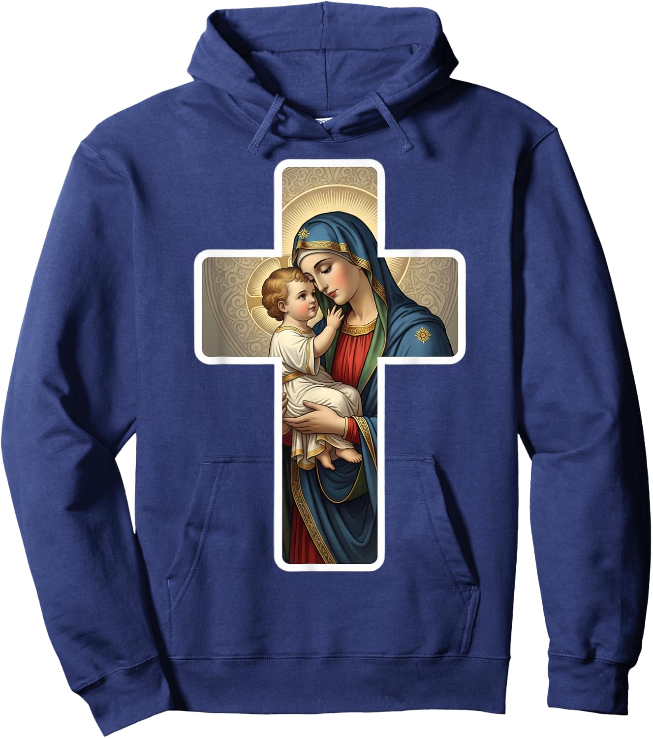 Saint Mary with Baby Jesus Christ Santa Maria Cross Icon Hoodie - Hoodie | Navy