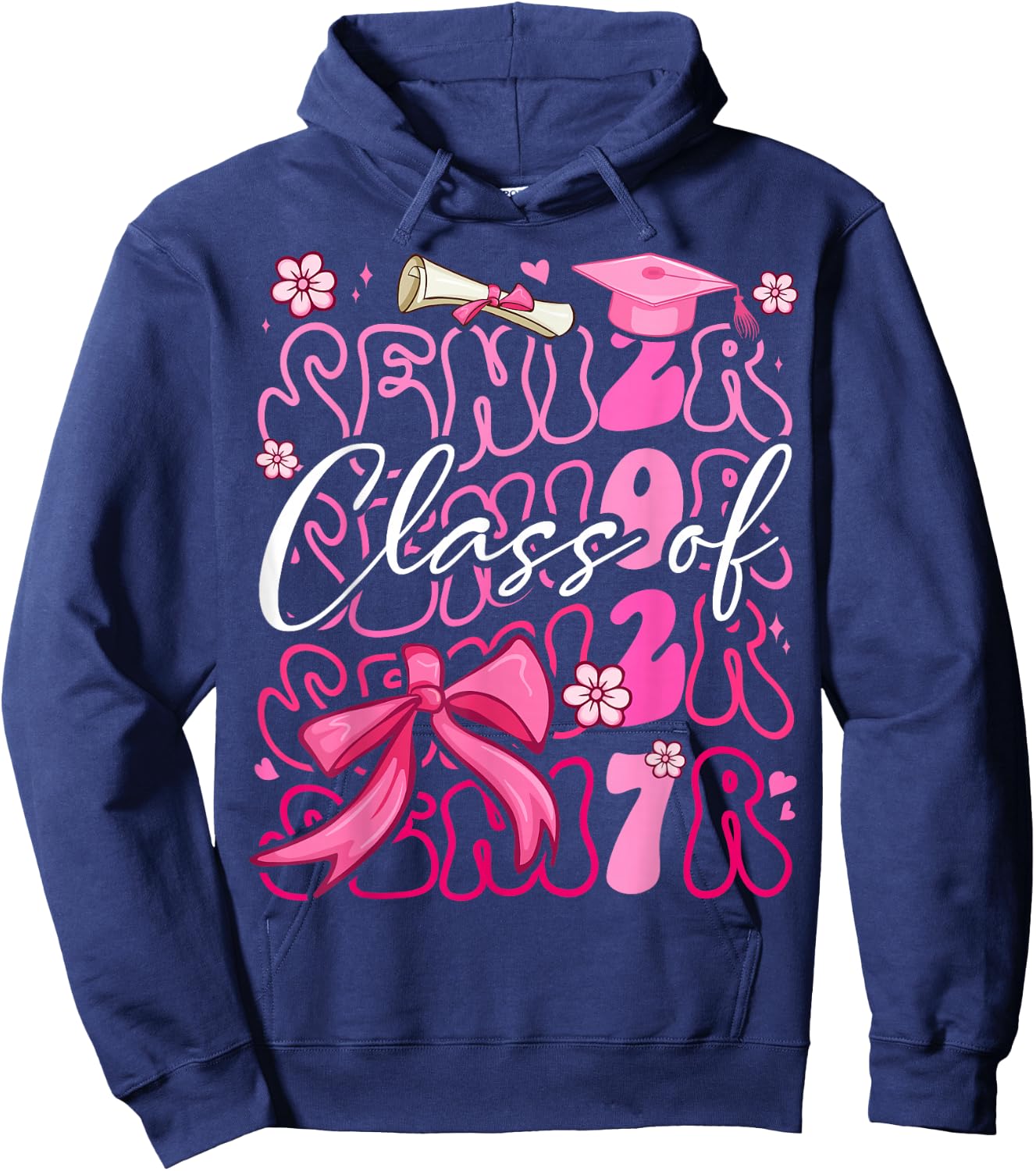 Class of 2027 Senior Cute Graduation Pink Bow 2027 Grad Girl Hoodie - Hoodie | Navy