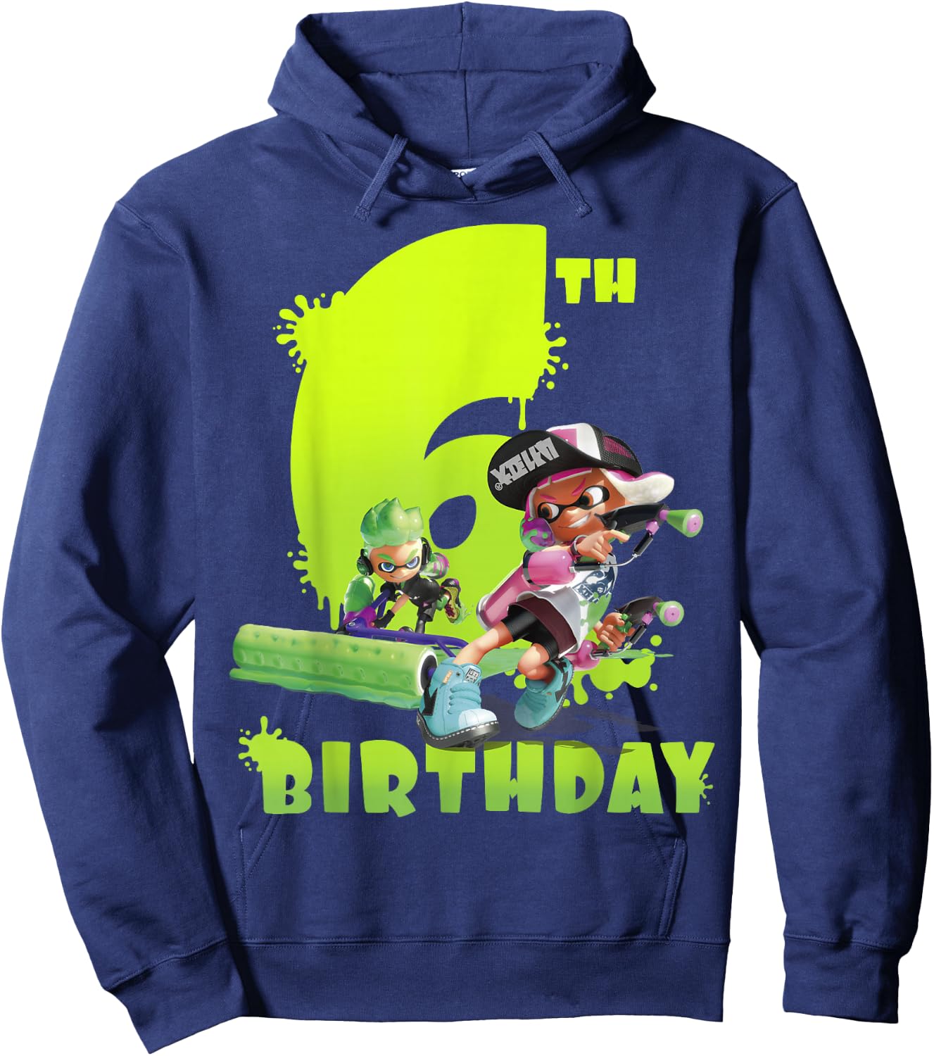 Splatoon Inkling 6th Birthday Green Splatter Portrait Hoodie - Hoodie | Navy