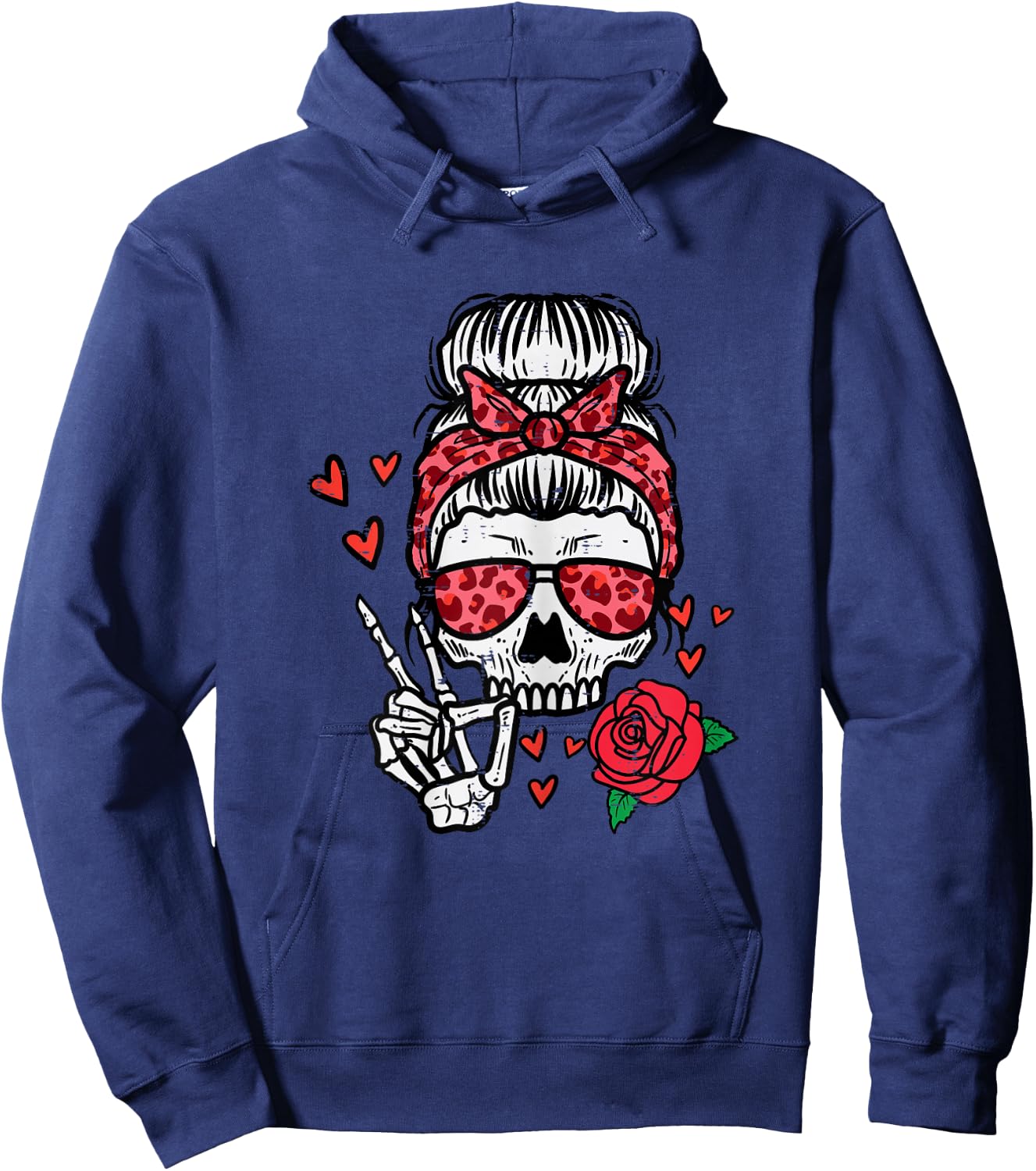 Valentines Skeleton Leopard Messy Bun Peace Funny Women Hoodie - Hoodie | Navy