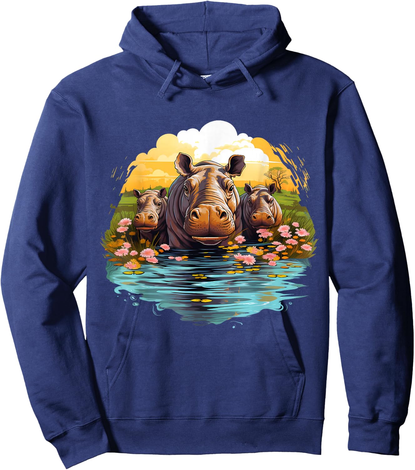 Hippo Floral Artwork Nature Wildlife Hippopotamus Savanna Hoodie - Hoodie | Navy