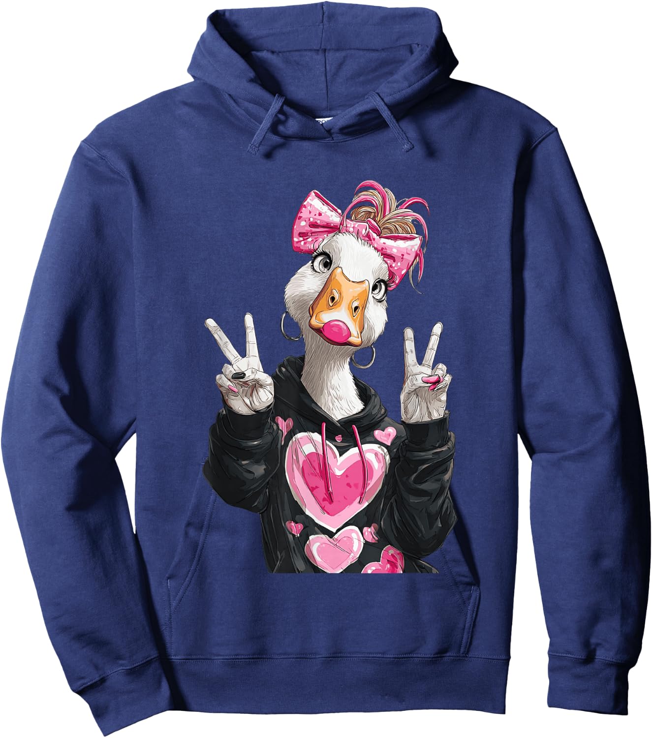 Cute Goose Girl Bubble Gum Peace Sign Animal Graphic Pink Hoodie - Hoodie | Navy