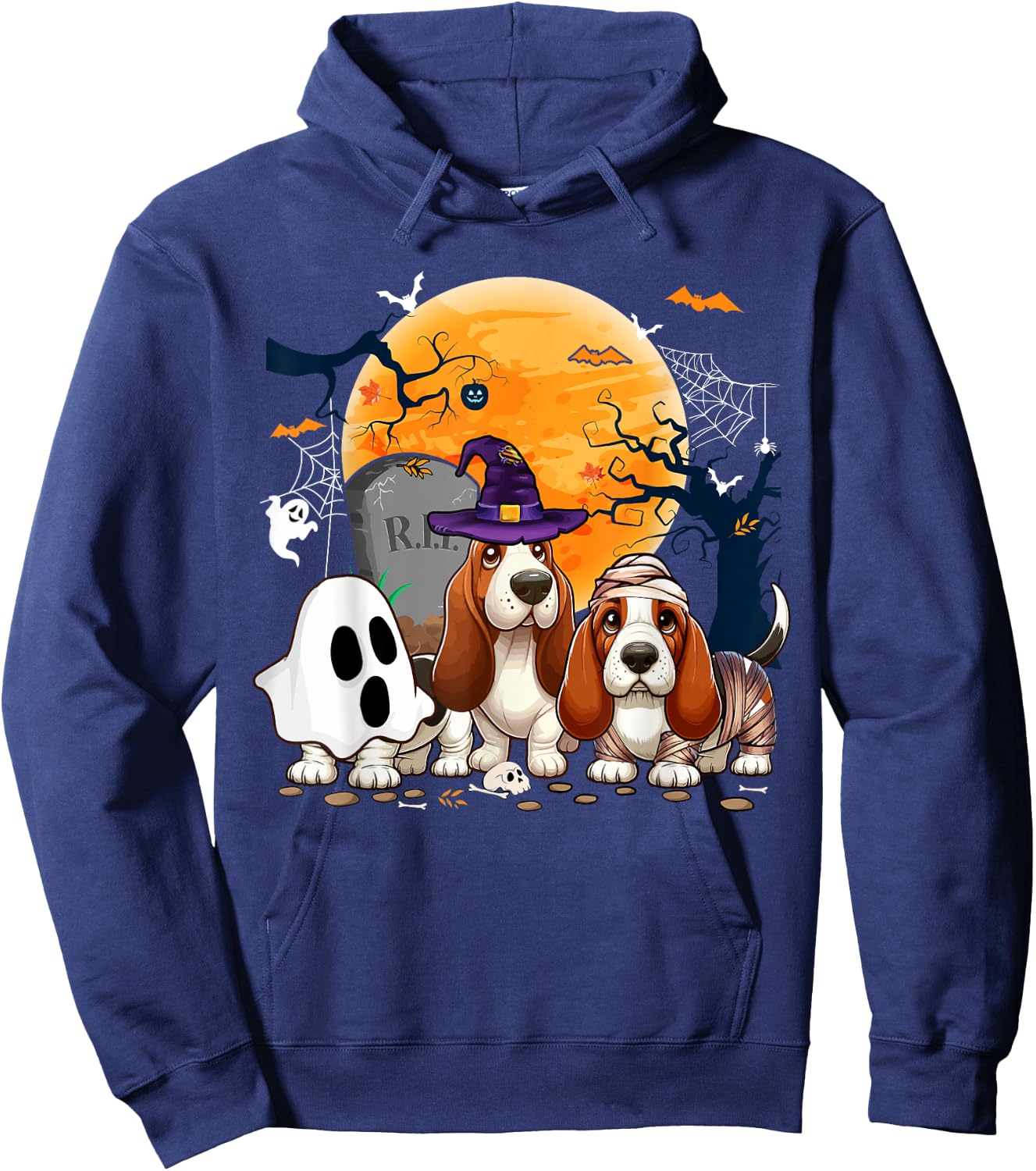 Three Halloween Basset Hounds Cosplay Witch Ghost Mummy Hoodie - Hoodie | Navy