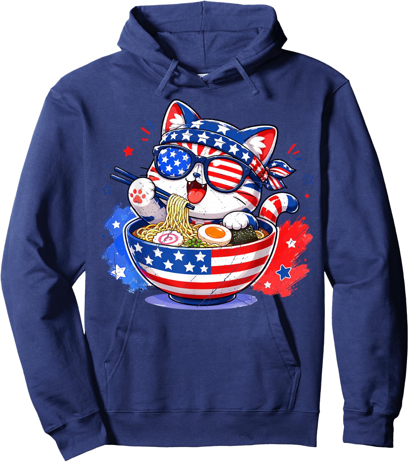 Cute Cat Ramen Anime American Flag USA Patriotic 4th of July Hoodie - Hoodie | Navy