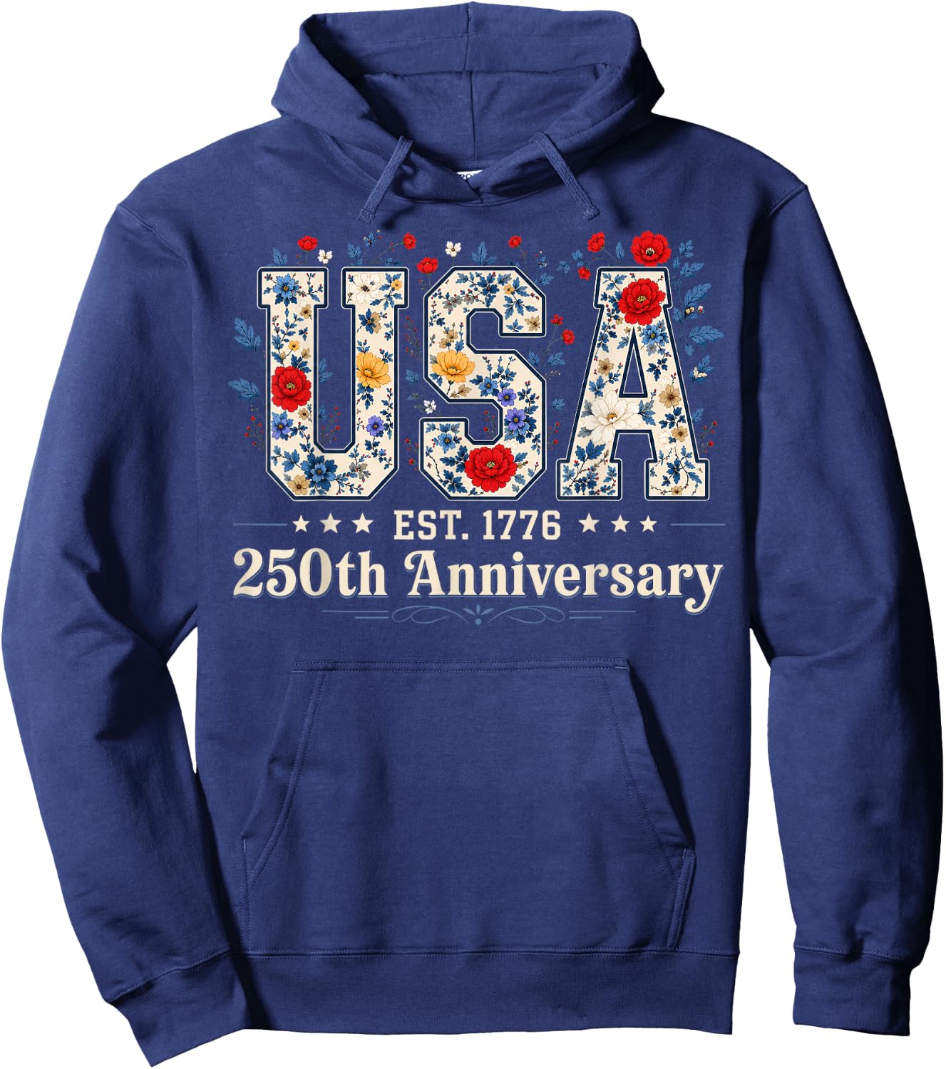 Floral USA Est 1776 Patriotic 4th of July 250th Anniversary Hoodie - Hoodie | Navy