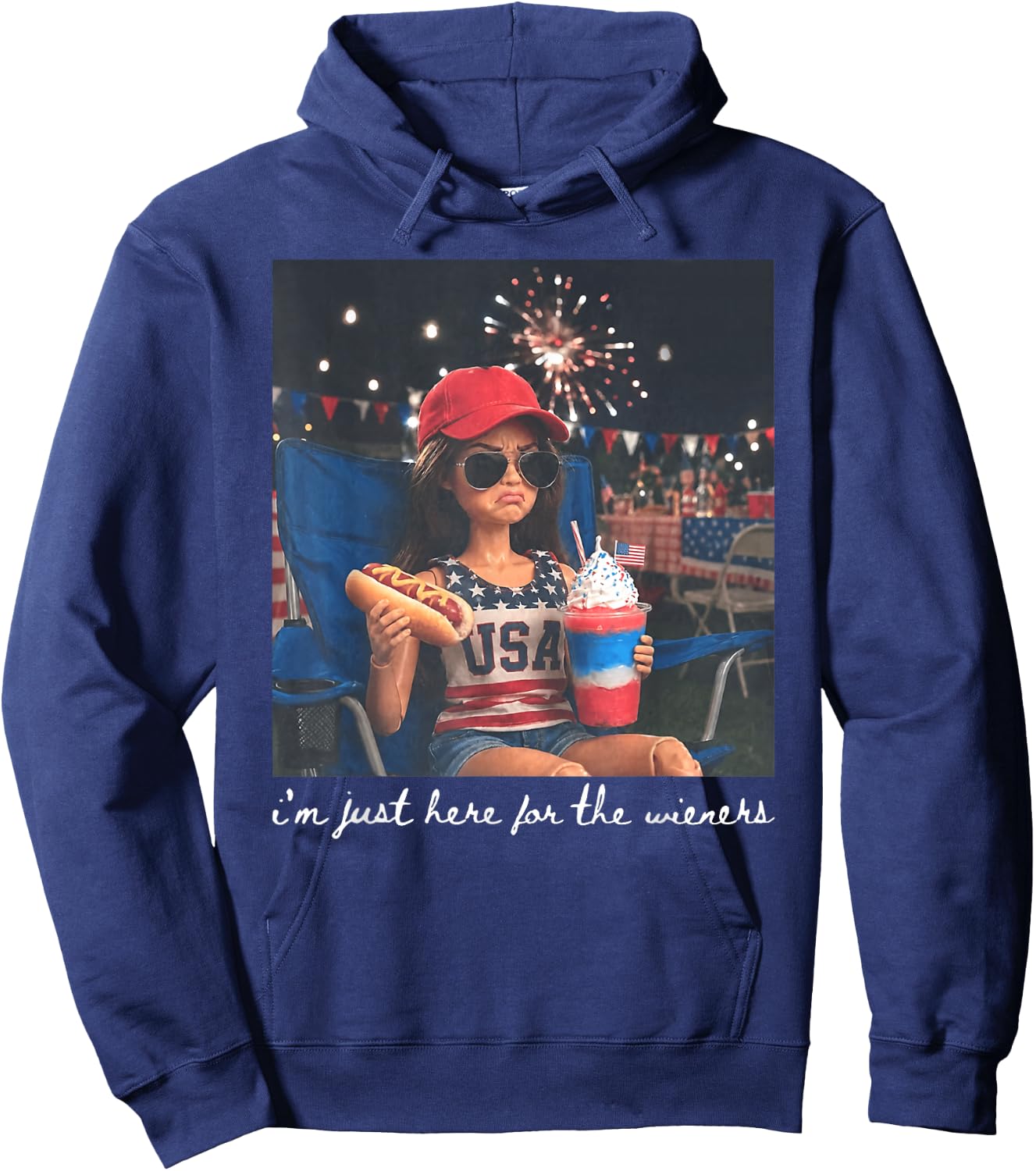 Just Here for The Wieners Funny 4th of July Girl Face Meme Hoodie - Hoodie | Navy