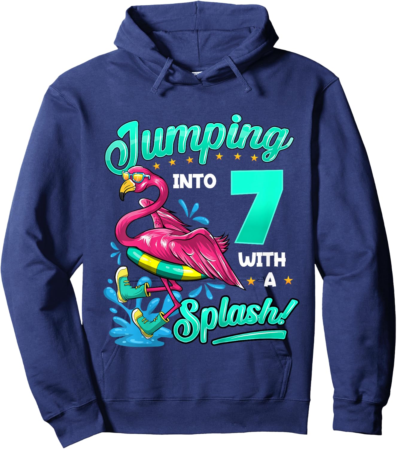 7th Birthday Flamingo Pool Party Jumping Into 7 Years Old Hoodie - Hoodie | Navy