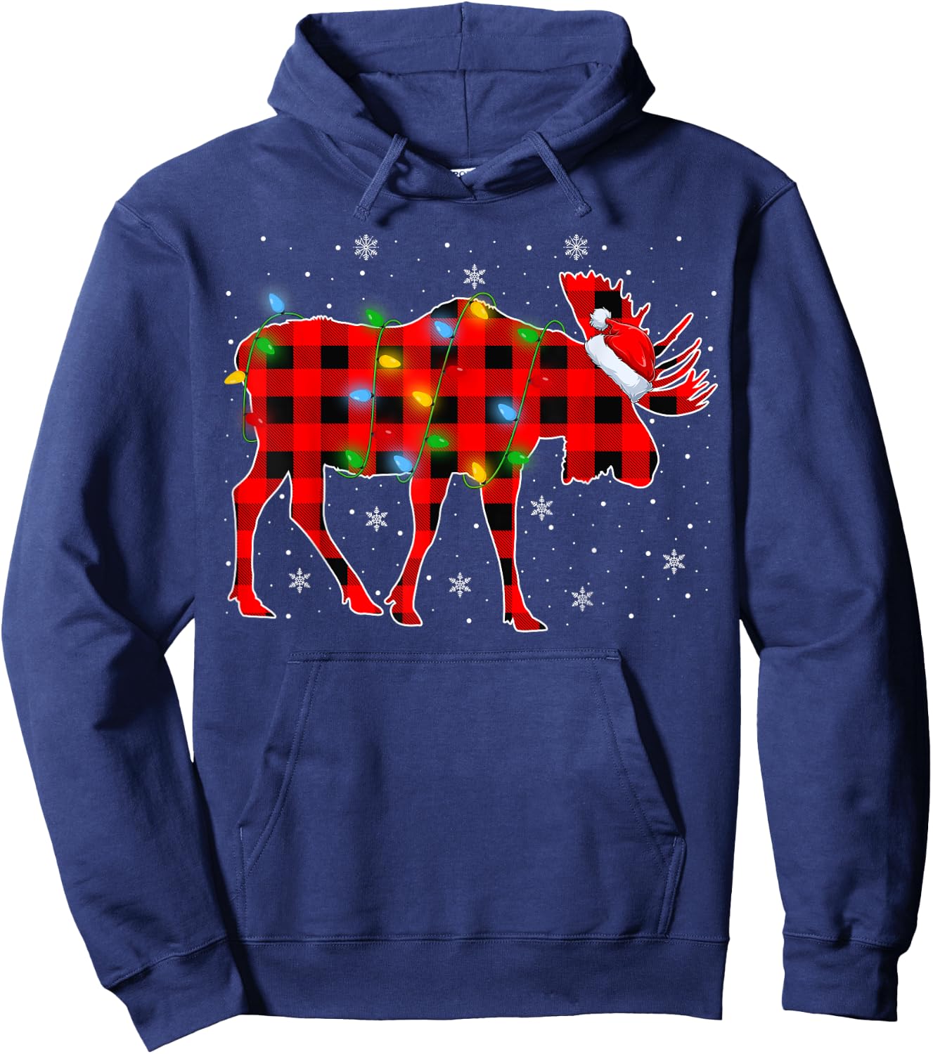 Moose Xmas Lighting Buffalo Plaid Moose Christmas Pajama Hoodie - Hoodie | Navy