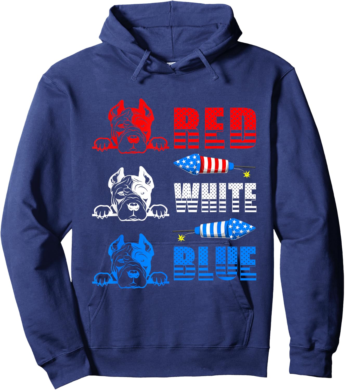Red White Blue Three Cute Pit Bull 4th Of July American Flag Hoodie - Hoodie | Navy