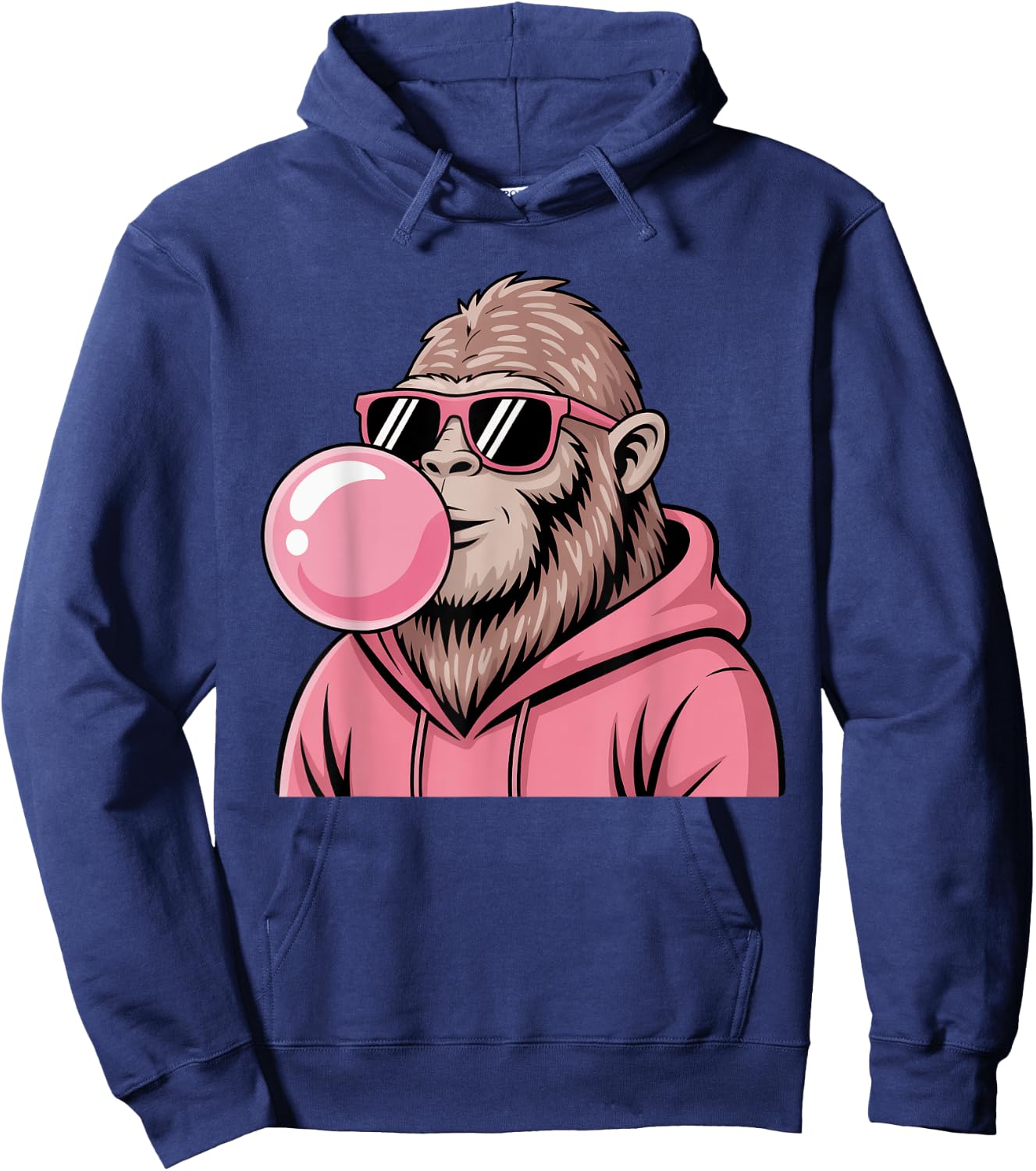 Bigfoot Sasquatch Blowing Pink Bubble Gum and Sunglasses Hoodie - Hoodie | Navy