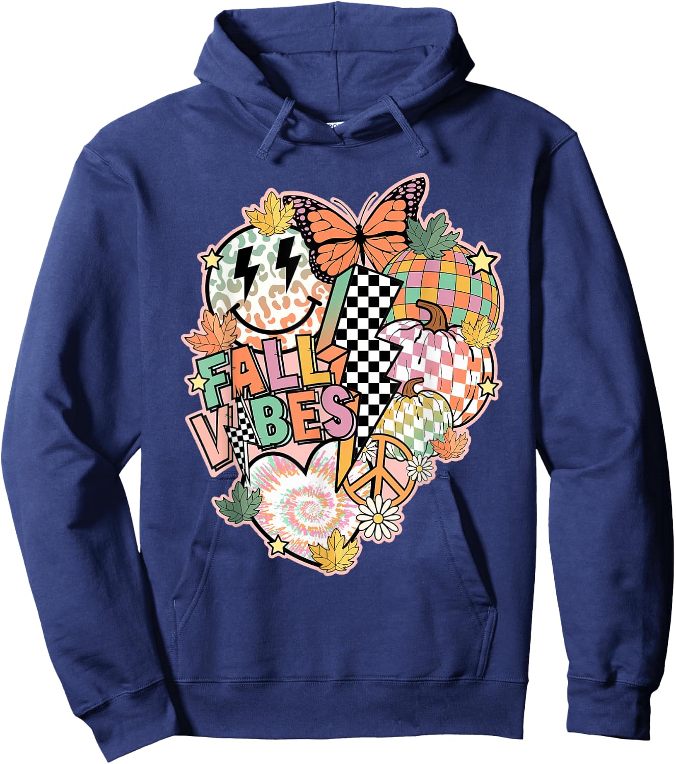 Fall Vibes Smile Face Hippie Groovy Thanksgiving Autumn Hoodie - Hoodie | Navy