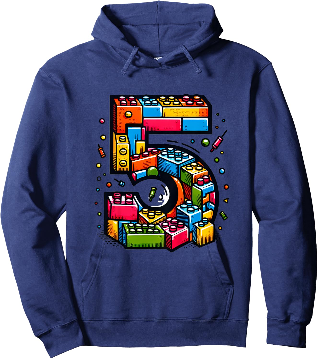 Children's 5th Birthday with Building Blocks Gift , black Hoodie - Hoodie | Navy