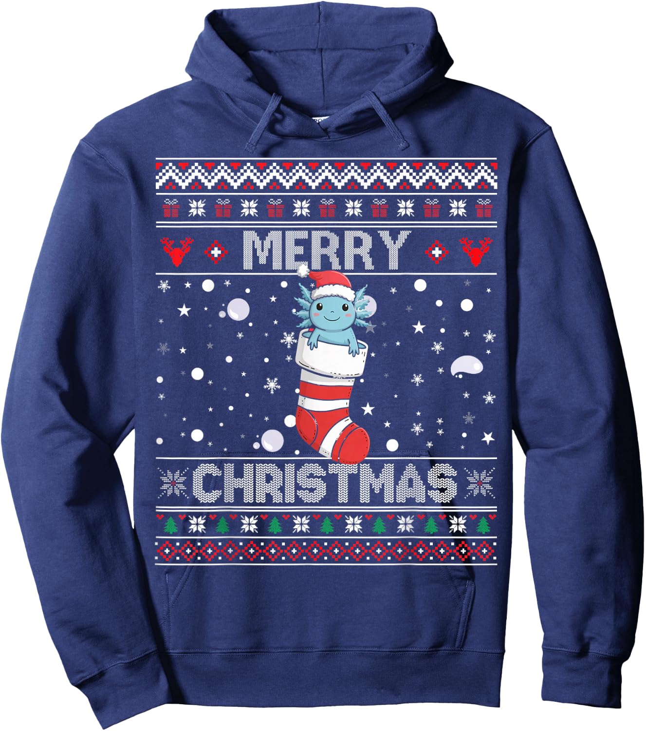 Axolotl Stocking Merry Ugly Christmas Kawaii Sweater Holiday Hoodie - Hoodie | Navy