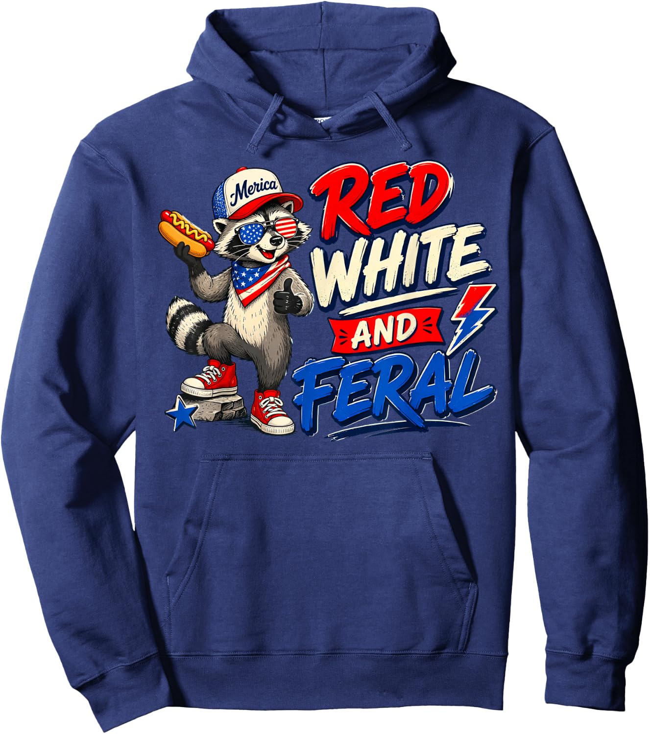 Red White and Feral Patriotic Raccoon American Flag Hoodie - Hoodie | Navy