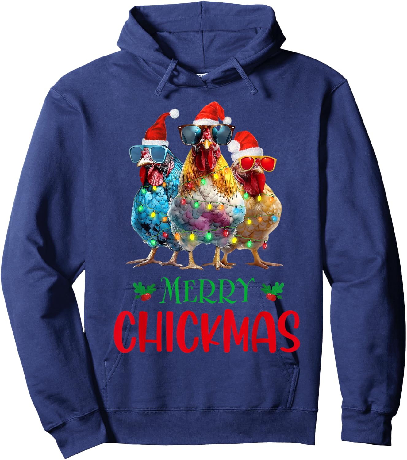 Merry Chickmas Ornament Lights Chicken Farmer Christmas Hoodie - Hoodie | Navy