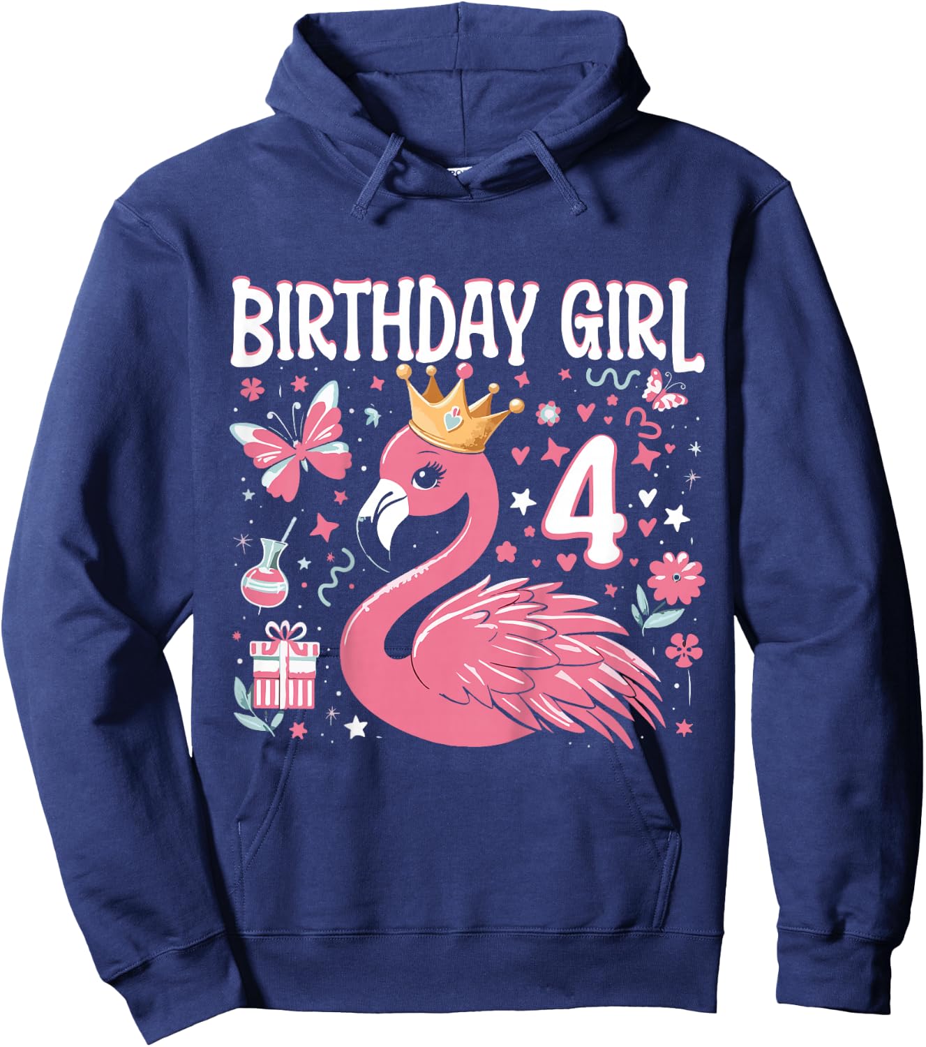 Kids 4th Birthday Gift Flamingo Fan 4 Year Old Girls 4th Bday Hoodie - Hoodie | Navy