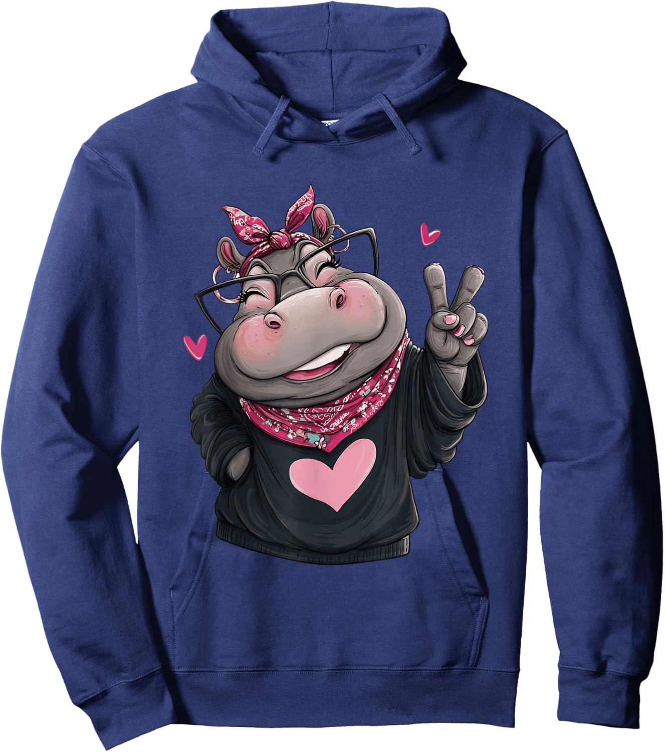 Cute Hippo Female Character Peace Sign Kawaii Pop Graphic Hoodie - Hoodie | Navy