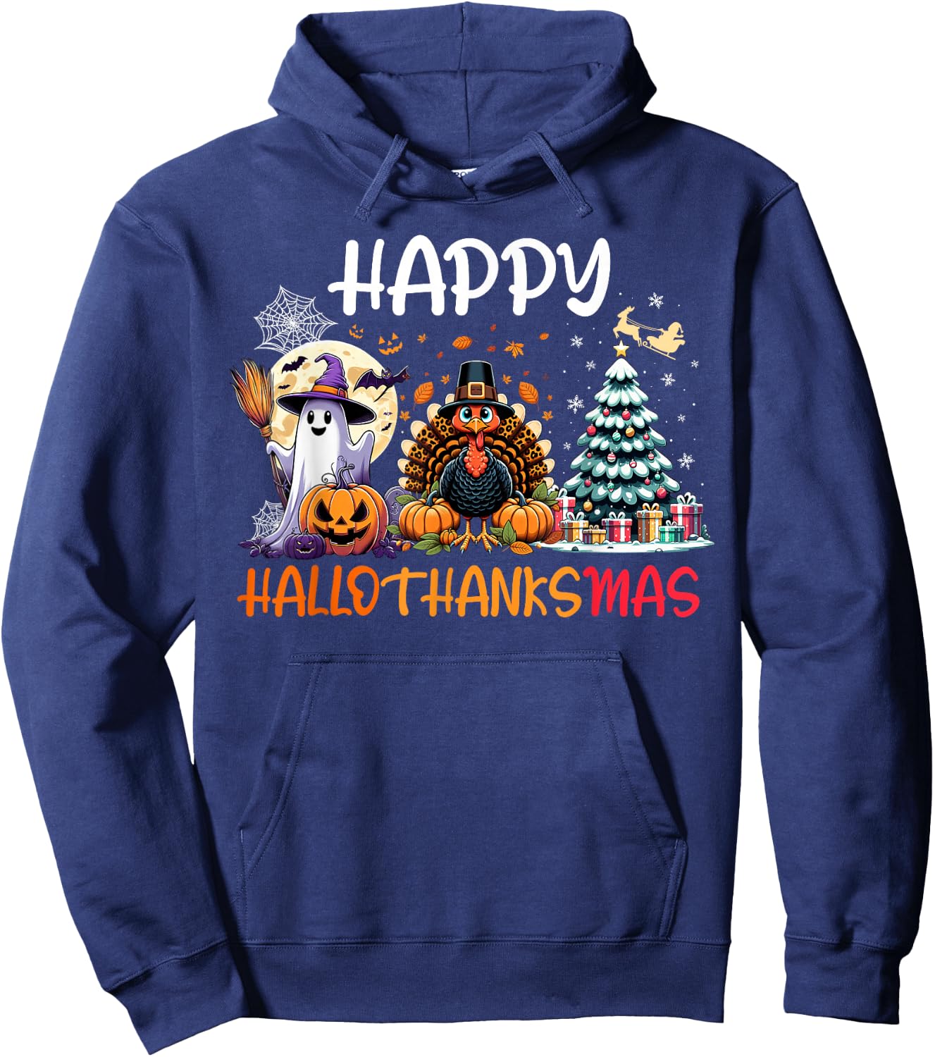 Halloween Thanksgiving Christmas Turkey Happy HalloThanksMas Hoodie - Hoodie | Navy