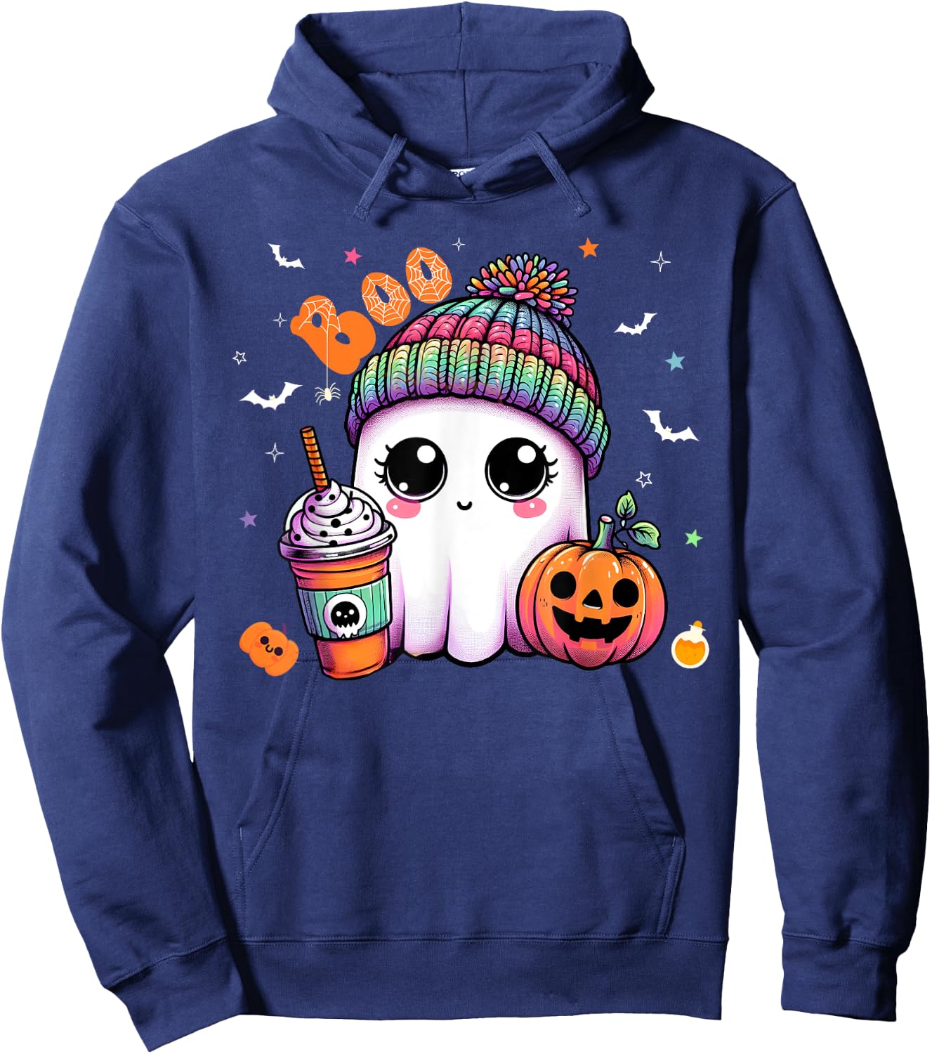 Cute Ghost Boo Drinking Pumpkin Spice Coffee Halloween Hoodie - Hoodie | Navy
