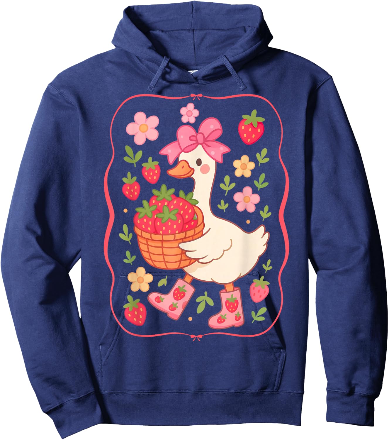 Cute Strawberry Goose Coquette Bow Floral Summer Goose Hoodie - Hoodie | Navy
