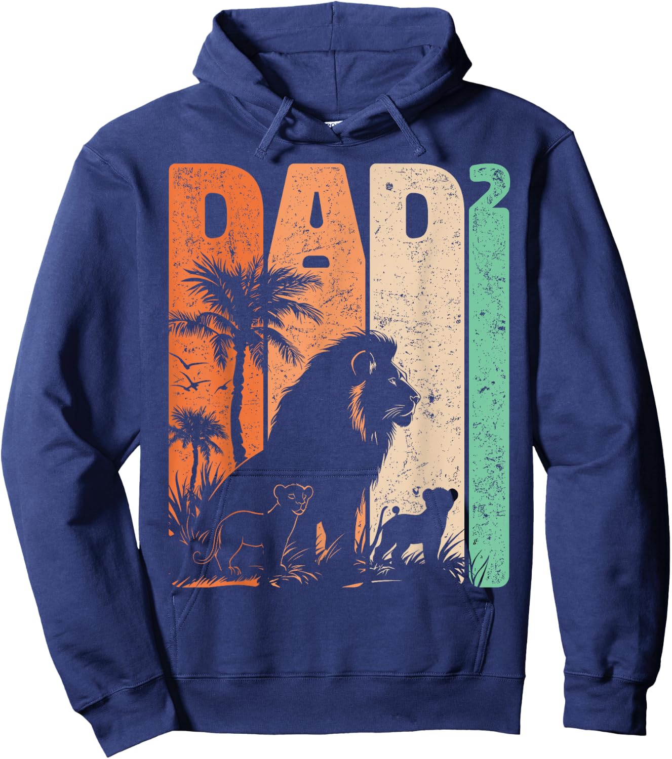 Retro Lion Father with Two Cubs Dad Squared Father's Day Hoodie - Hoodie | Navy