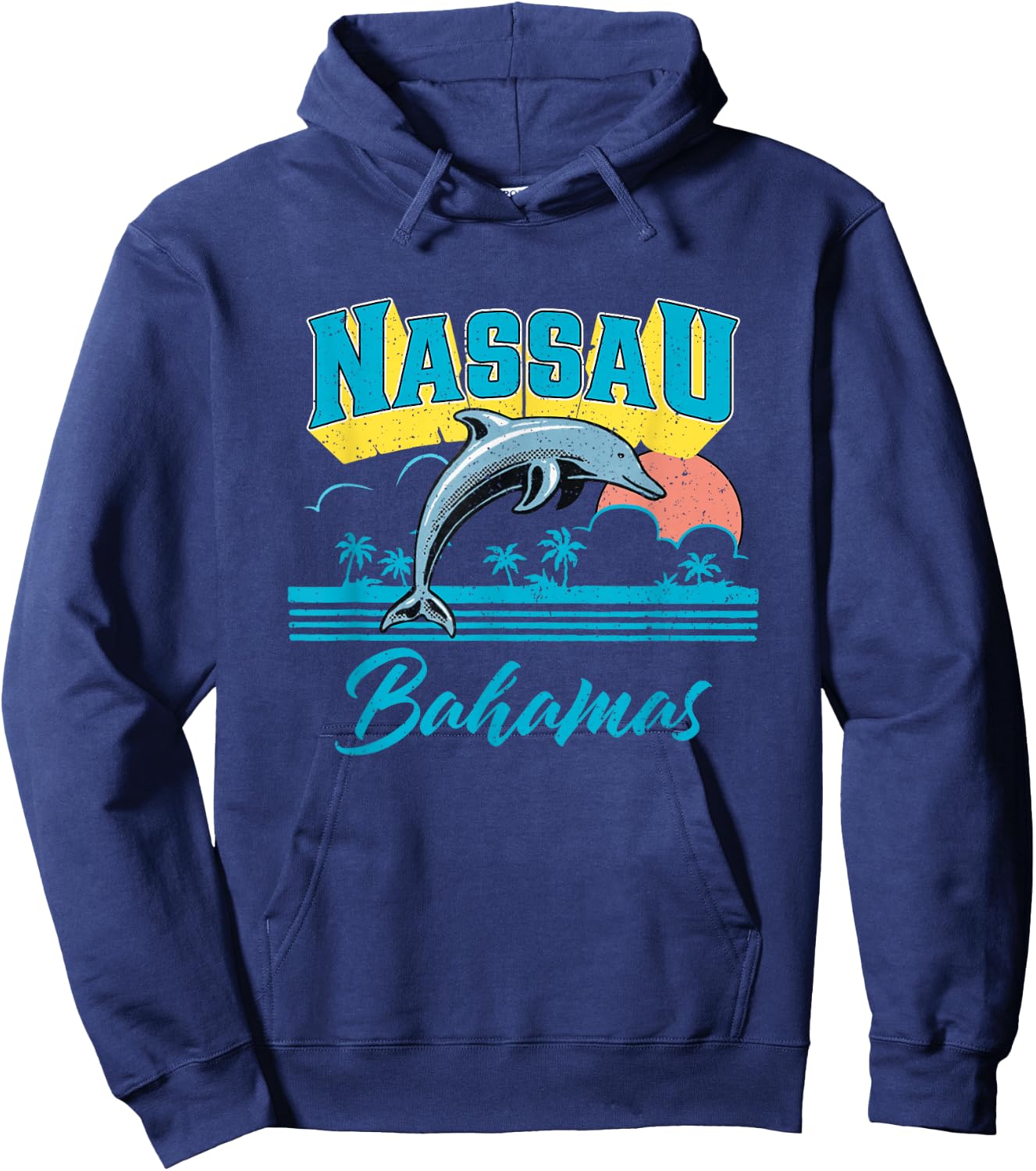 Nassau Bahamas Sunset Palm Tree Dolphin Retro Vacation Hoodie - Hoodie | Navy