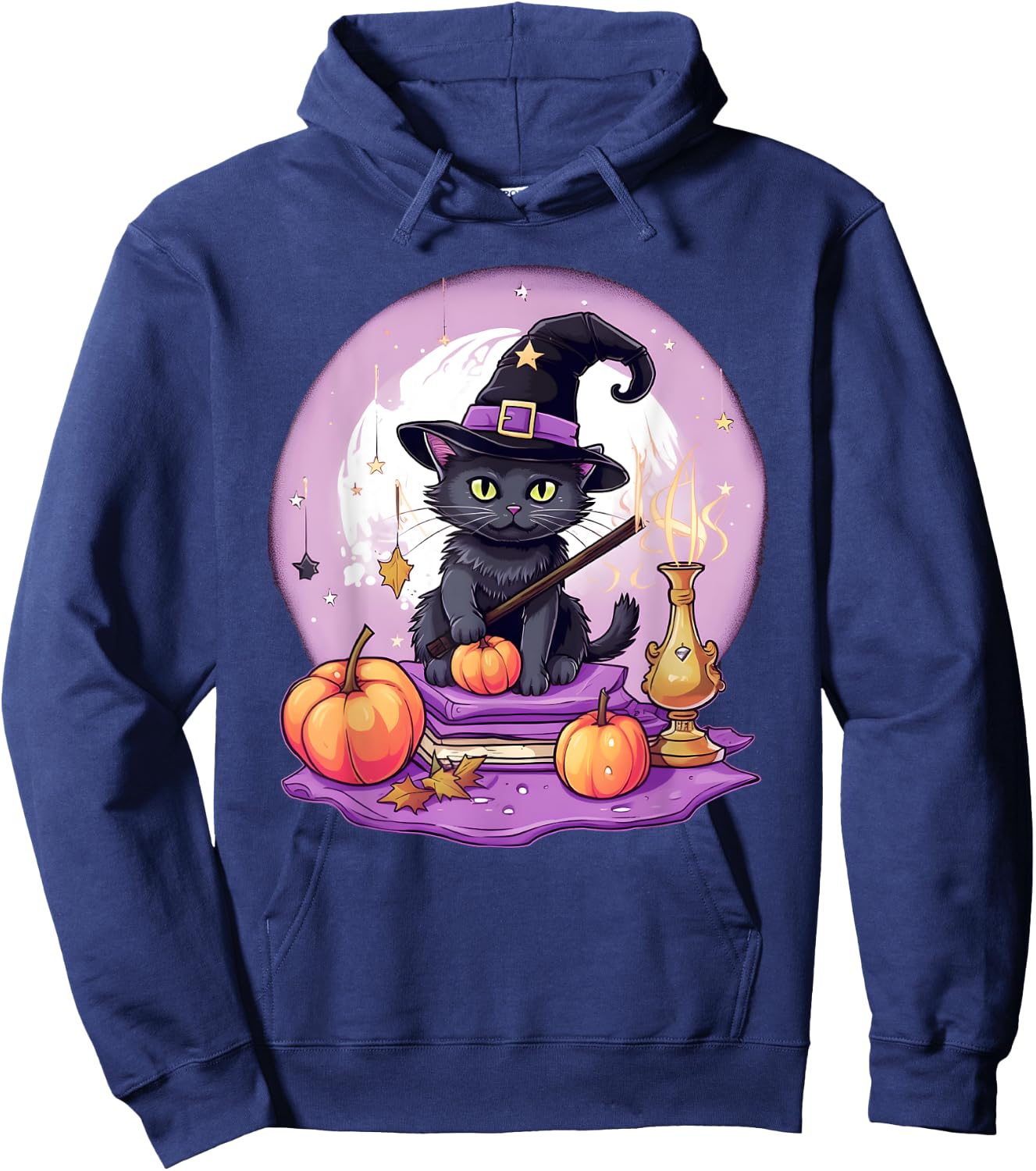 Black Cat Witch Halloween Toddler Girls Moon Hoodie - Hoodie | Navy