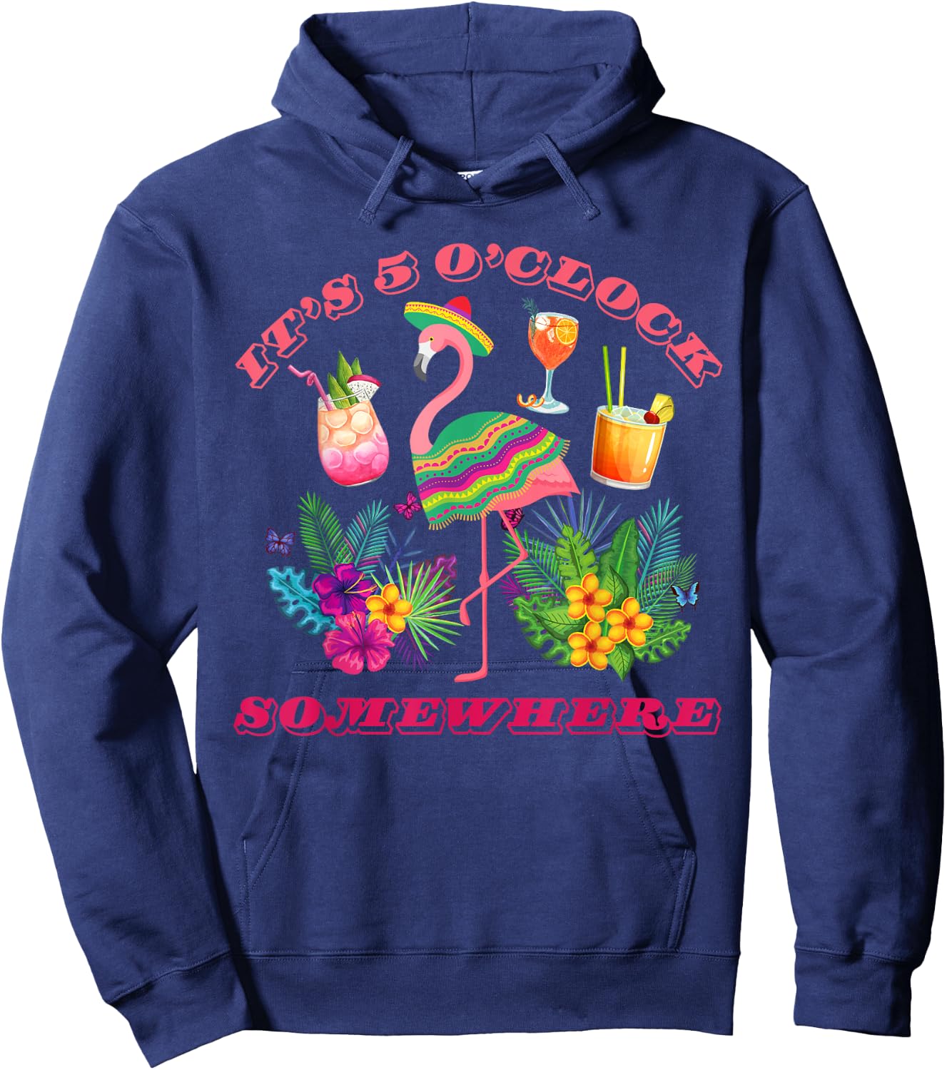 It's 5 O'clock Somewhere Parrot Sunset Drinking Summer Retro Hoodie - Hoodie | Navy
