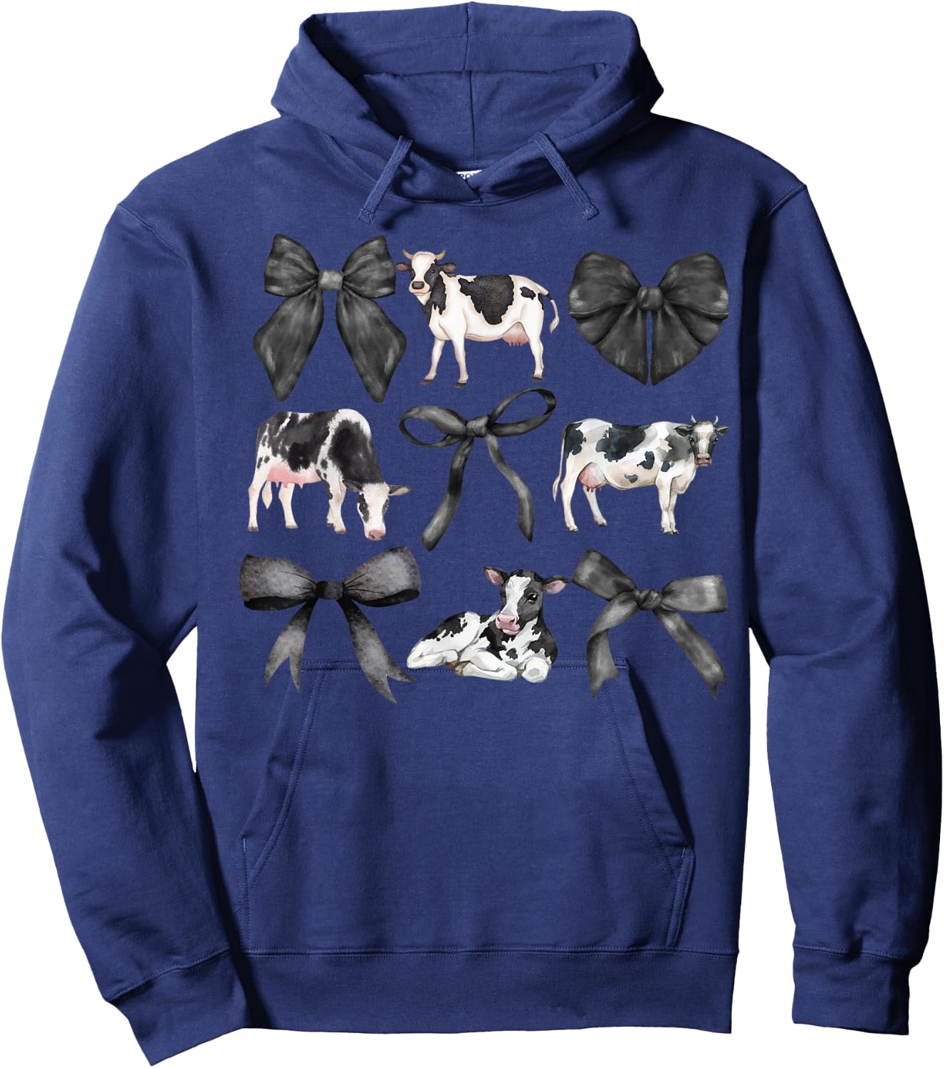 Kristen Michael Coquette Cows, Cows and Bows, Watercolor, Holsteins , Small, Grey Hoodie - Hoodie | Navy