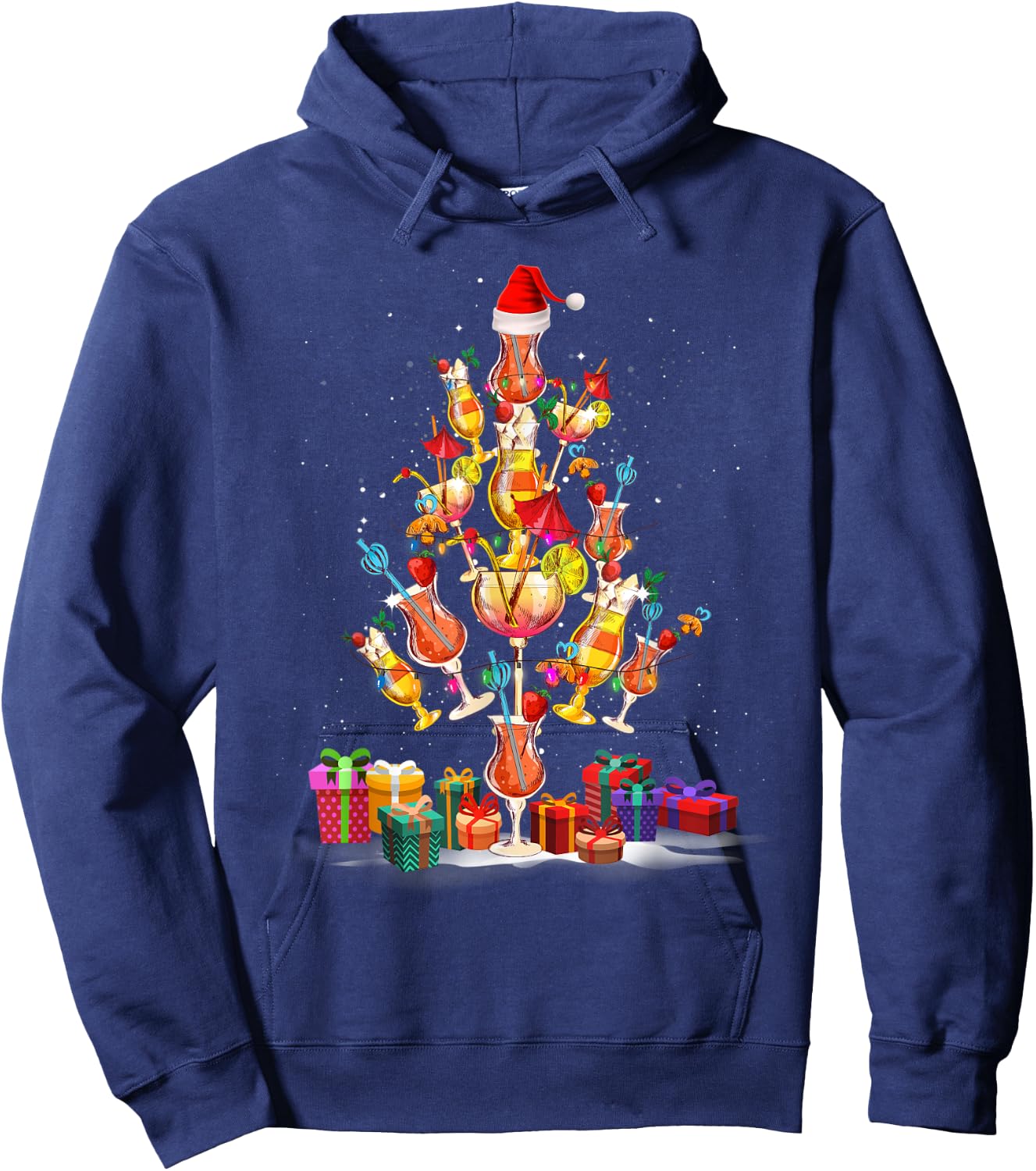 Cocktail Glasses Santa Hat Christmas Tree Drinks Xmas Pajama Hoodie - Hoodie | Navy