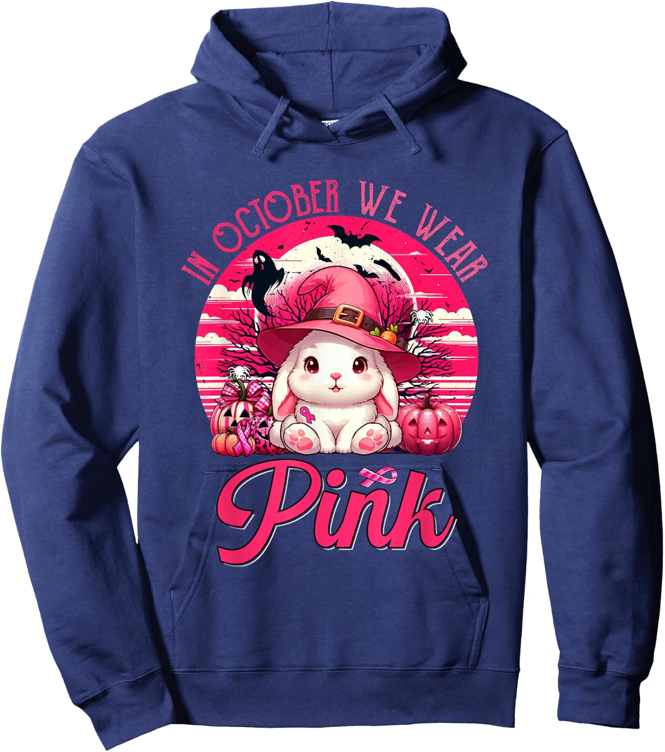 In October We Wear Pink Breast Cancer Awareness Bunny Hoodie - Hoodie | Navy