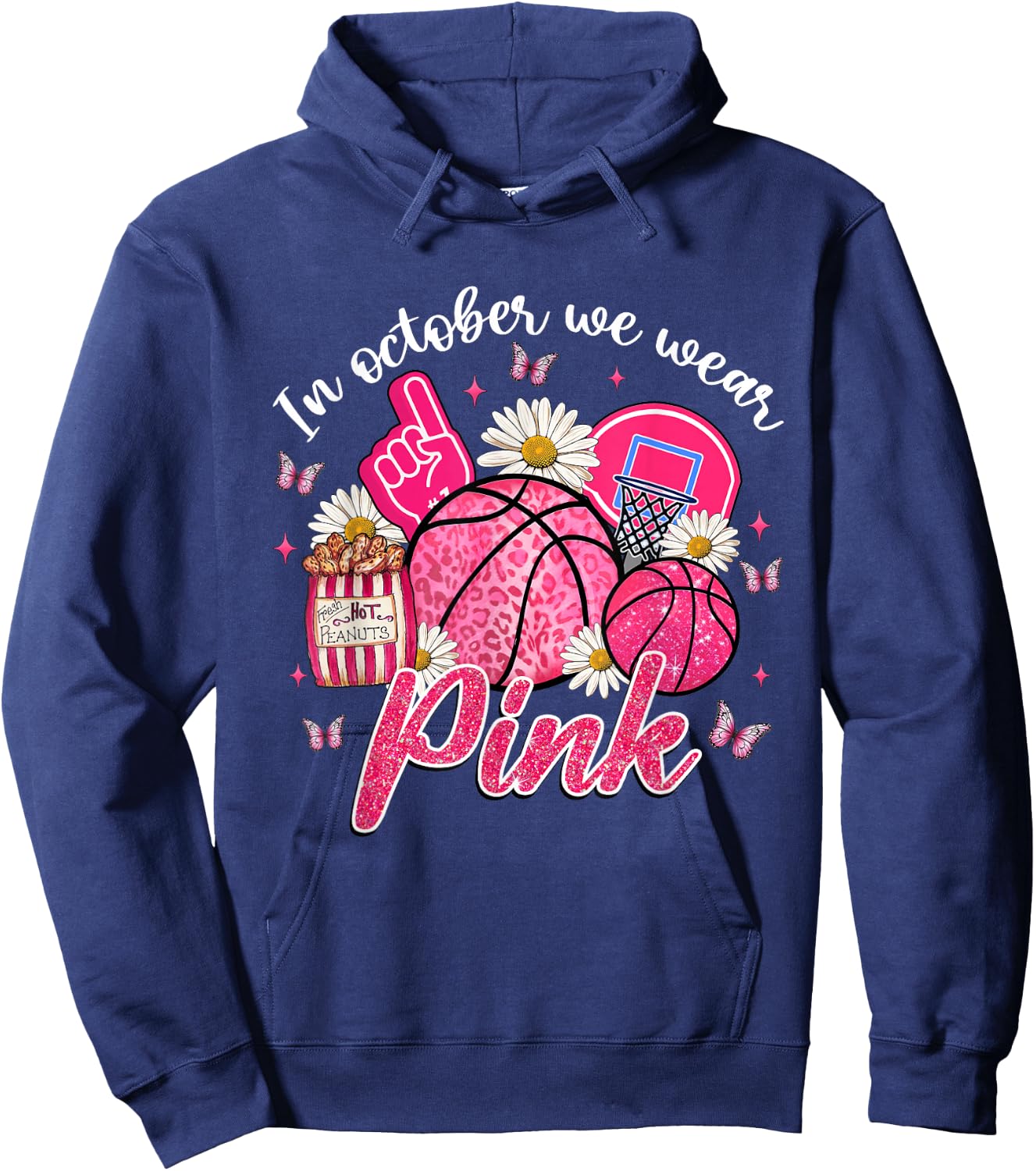 In October We Wear Pink Basketball Breast Cancer Awareness Hoodie - Hoodie | Navy