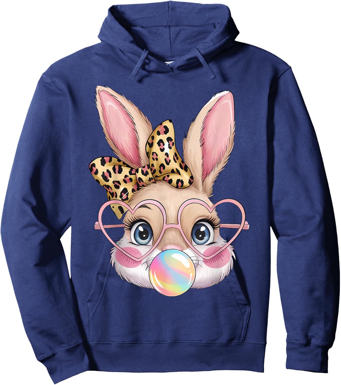 Cute Bunny Rabbit Face Leopard Bow Girls Happy Easter Day Hoodie - Hoodie | Navy