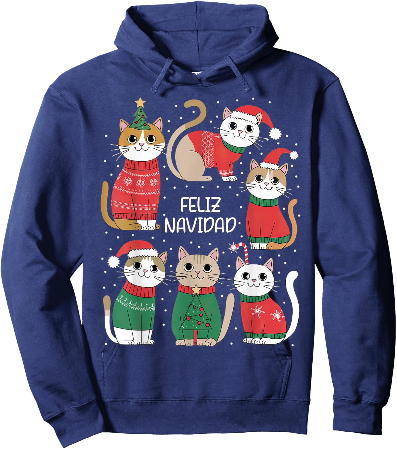 Feliz Navidad Spanish Cats Holiday Kittens , Black, S Hoodie - Hoodie | Navy