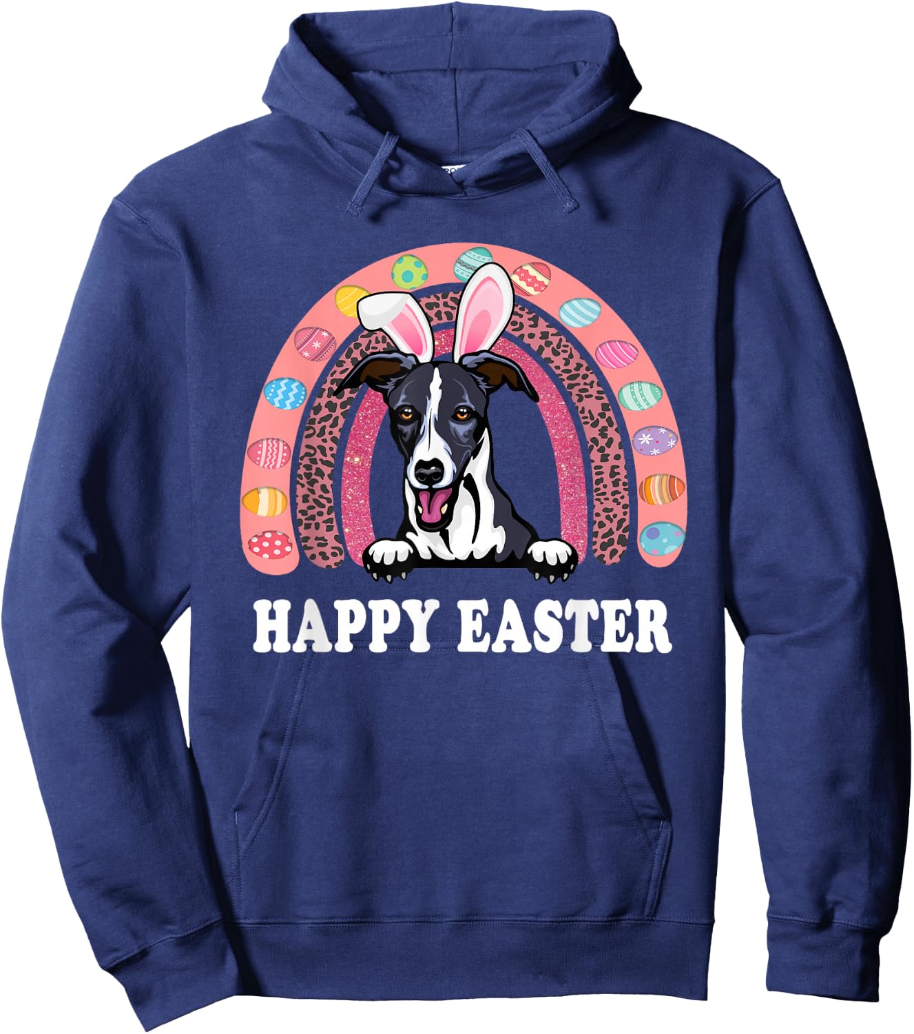 Whippet Dog Easter Bunny Eggs Hunting Boho Rainbow Hoodie - Hoodie | Navy