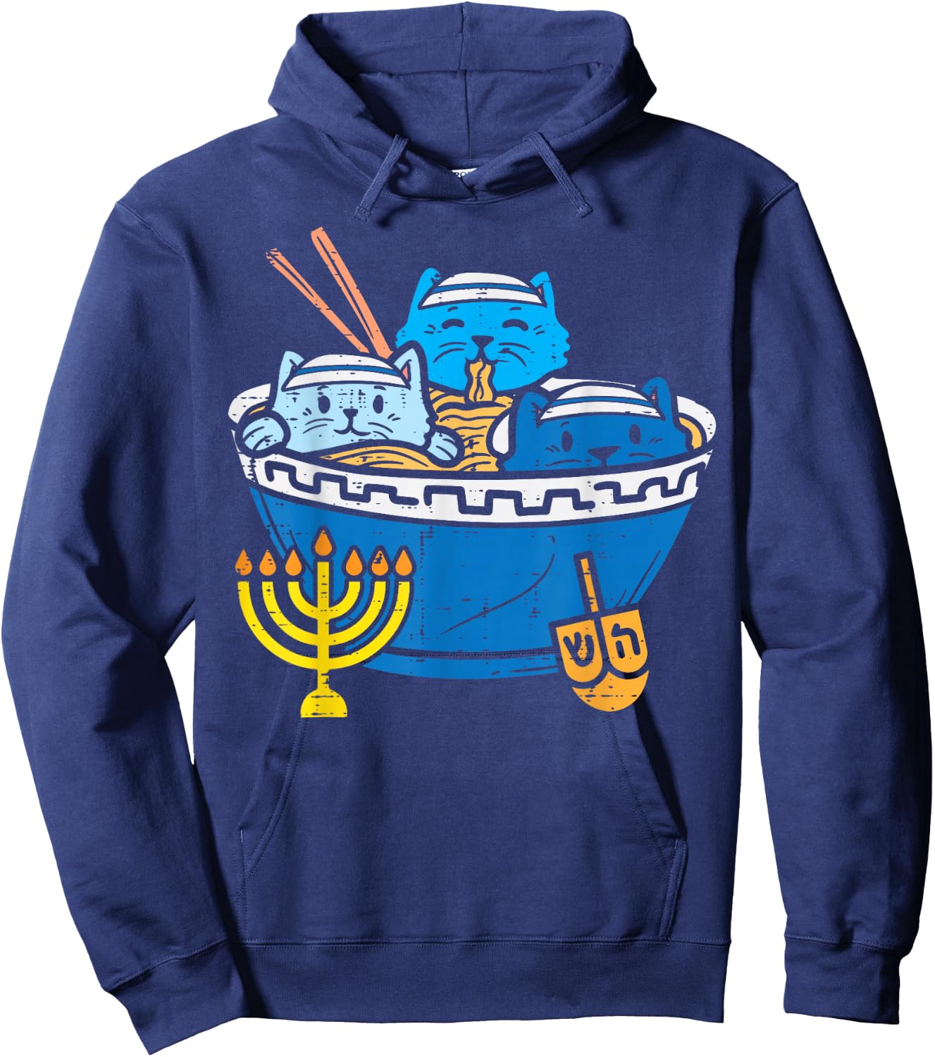 Jewish Cats Ramen Kitten Anime Hanukkah Pajamas Chanukah PJs Hoodie - Hoodie | Navy