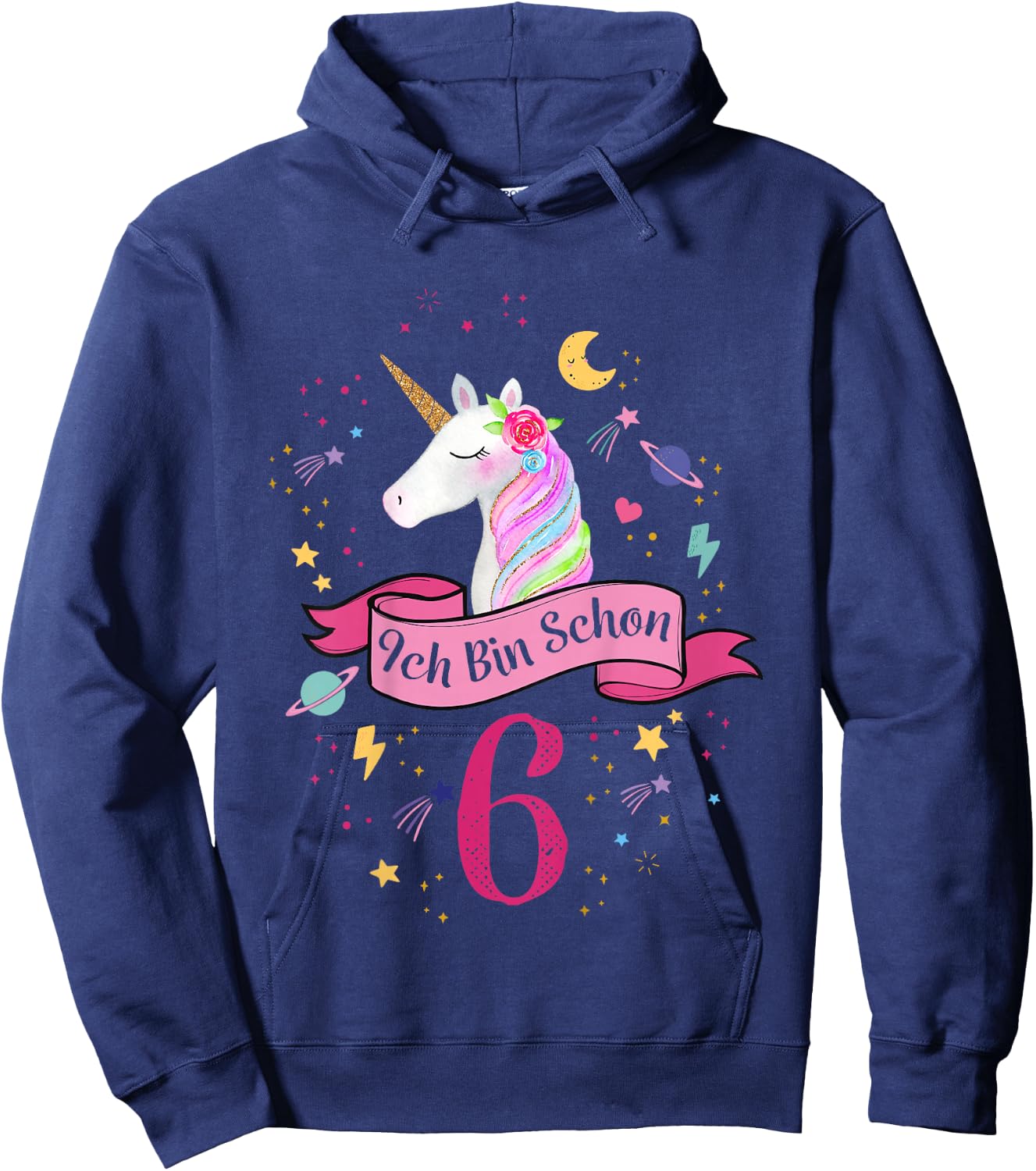 Children's Birthday Shirt 6 Years Girls Unicorn Birthday , White Hoodie - Hoodie | Navy