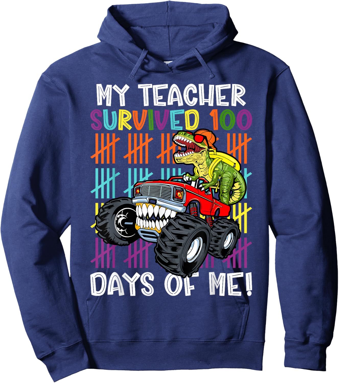 100th Day Of School My Teacher Survived 100 Days Dinosaur Hoodie - Hoodie | Navy